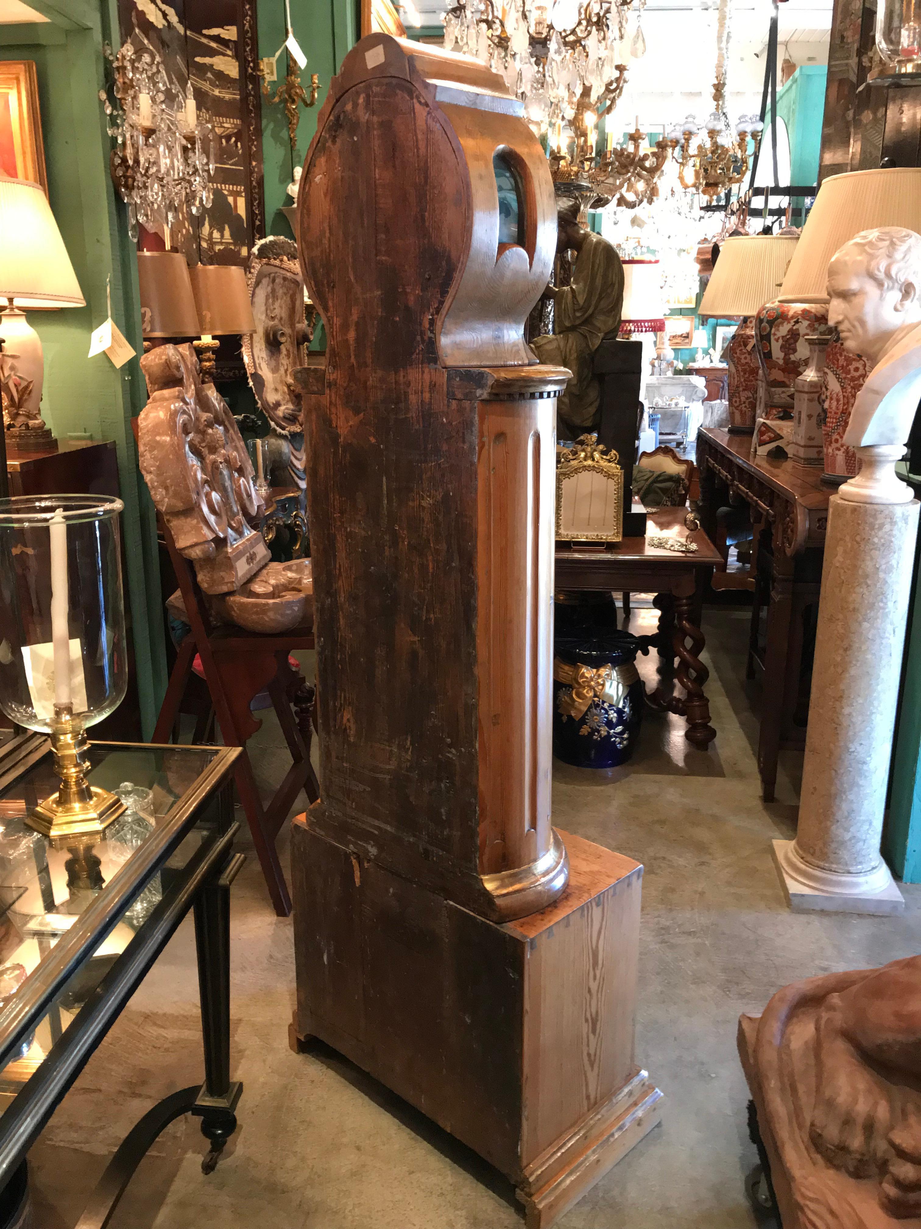 19th C. Swedish Carved Pine Wood Clock Grandmother Grandfather Long Case Antique For Sale 4