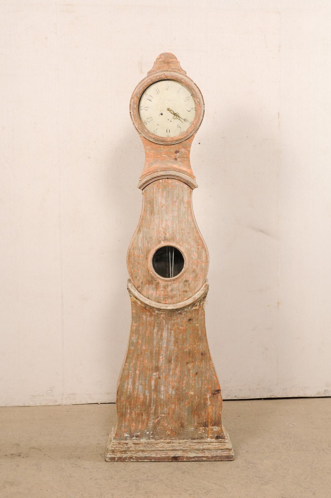 Wood 19th C. Swedish Clock w/Original Metal Face, Movement, & Color For Sale