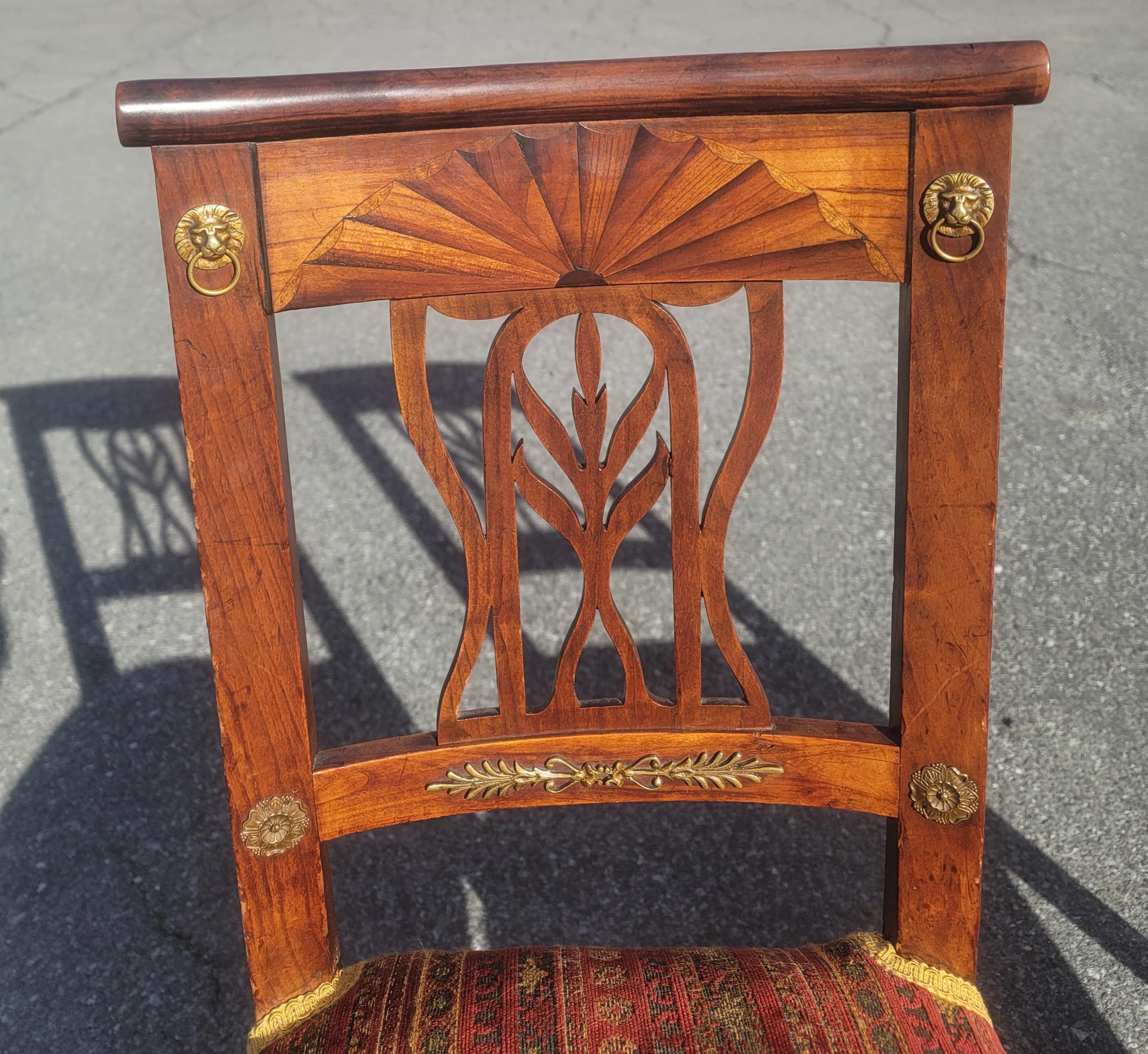 19th C. Swedish Continental Brass Mounted & Parquetry Inlaid Cherry Chairs, Pair For Sale 5