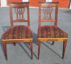 19th C. Swedish Continental Brass Mounted & Parquetry Inlaid Cherry Chairs, Pair