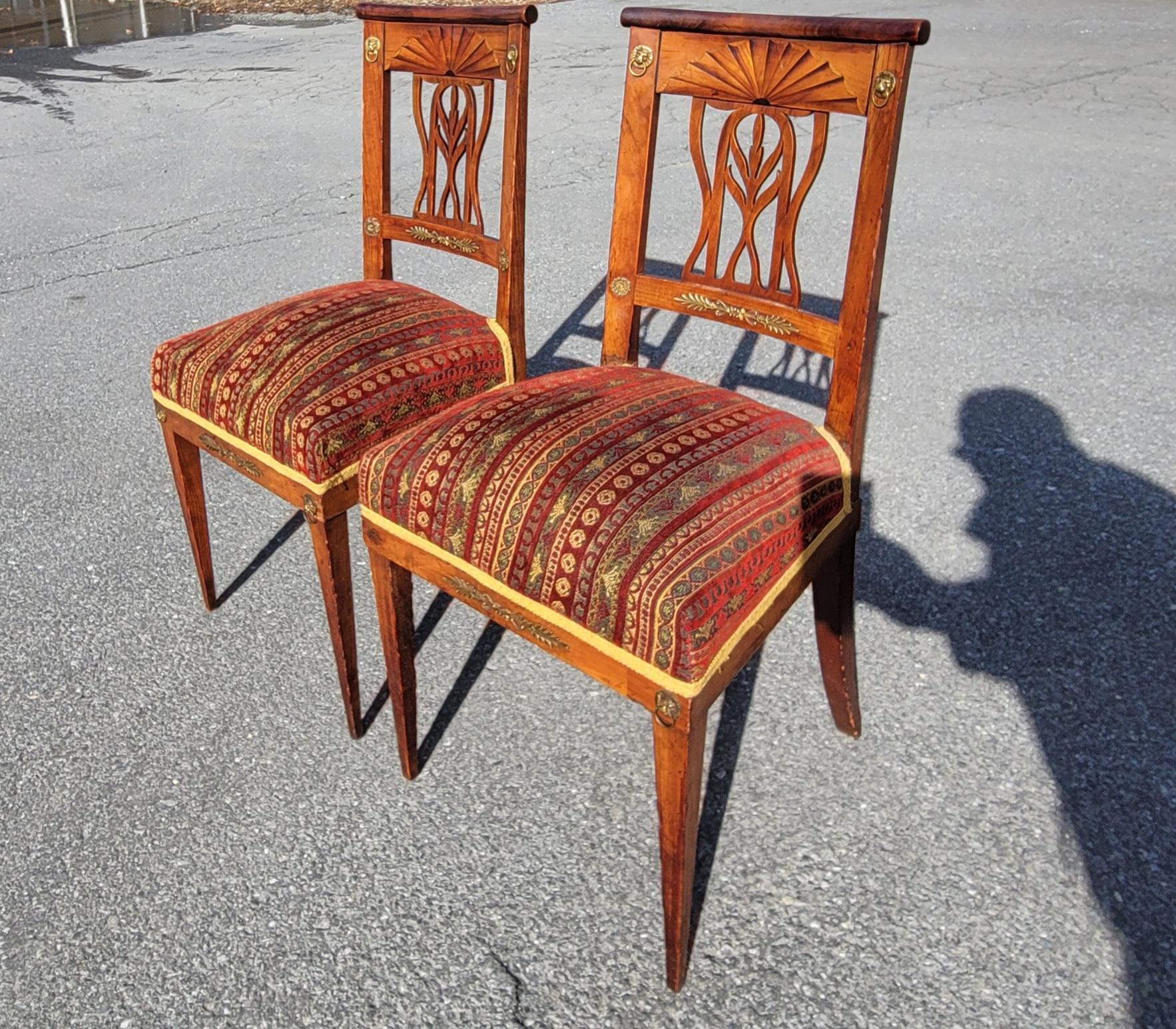 Gustavian 19th C. Swedish Continental Brass Mounted & Parquetry Inlaid Cherry Chairs, Pair For Sale