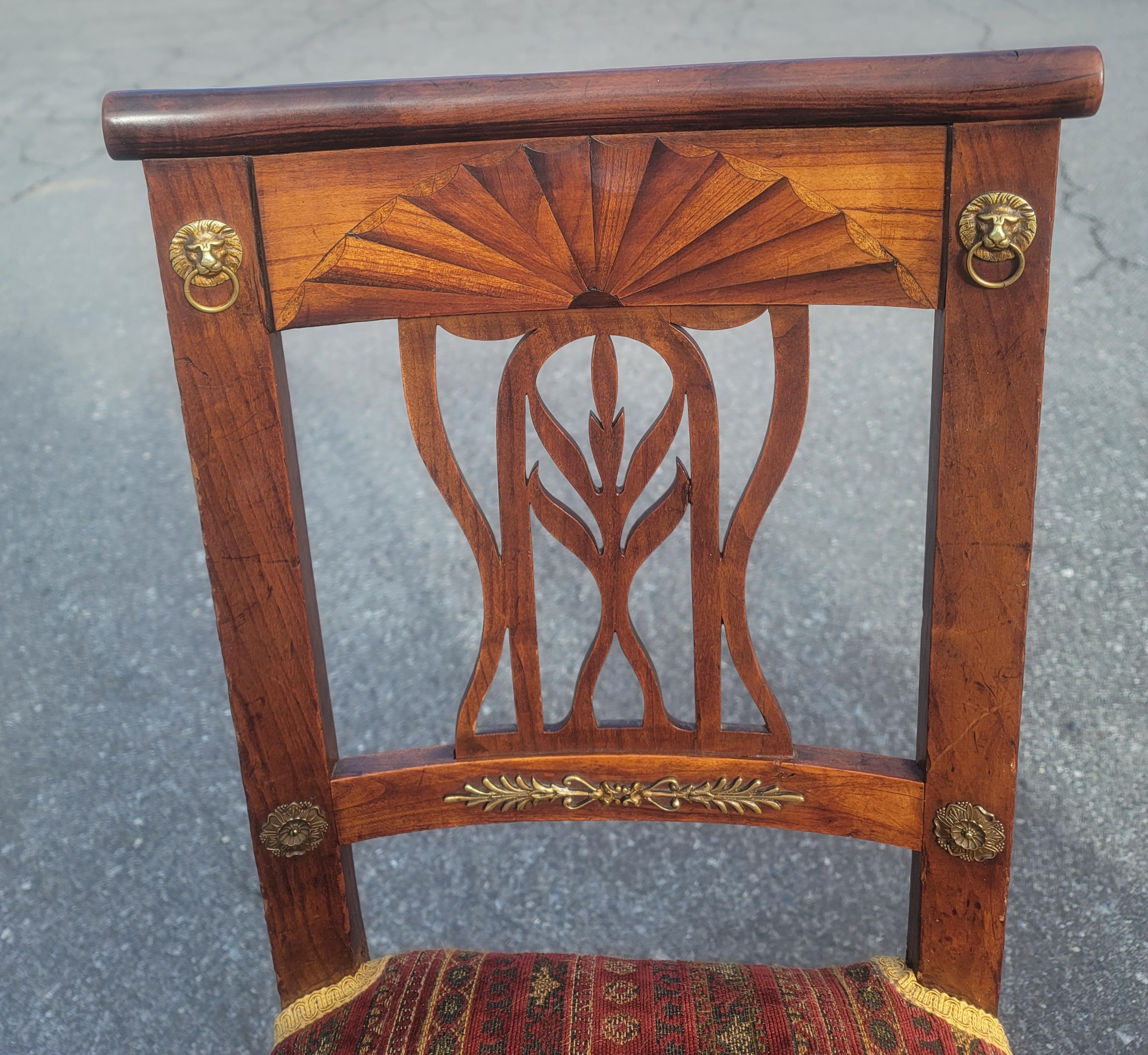 19th C. Swedish Continental Brass Mounted & Parquetry Inlaid Cherry Chairs, Pair For Sale 1