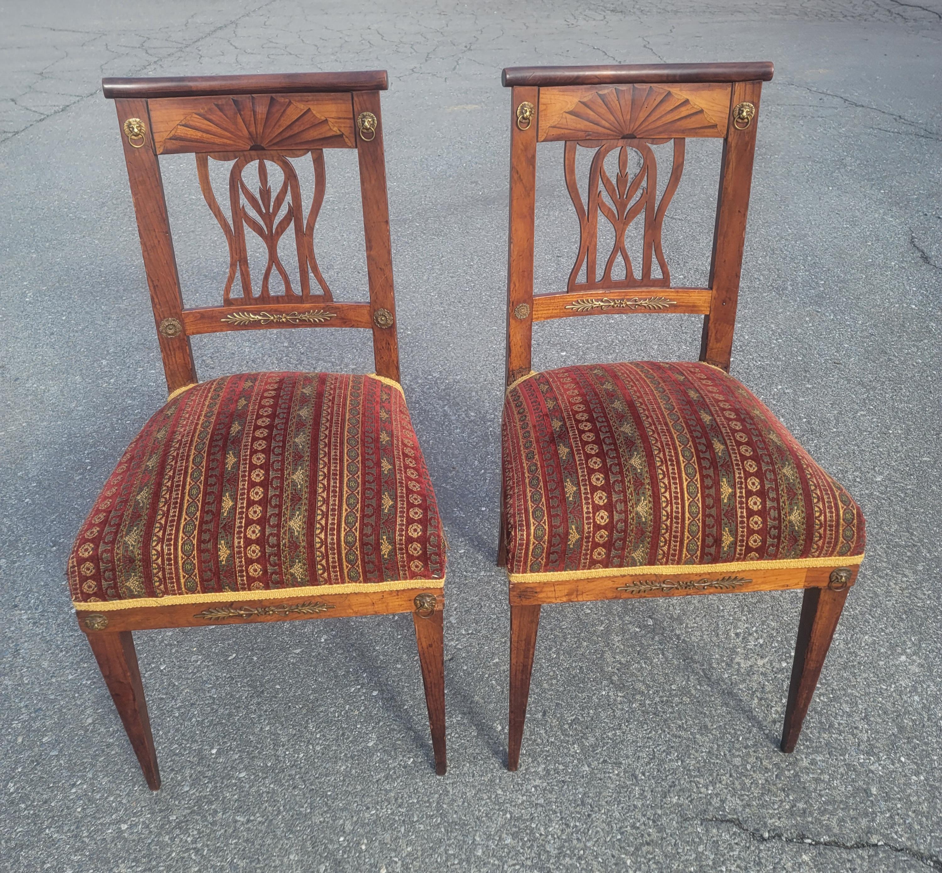19th C. Swedish Continental Brass Mounted & Parquetry Inlaid Cherry Chairs, Pair For Sale 3