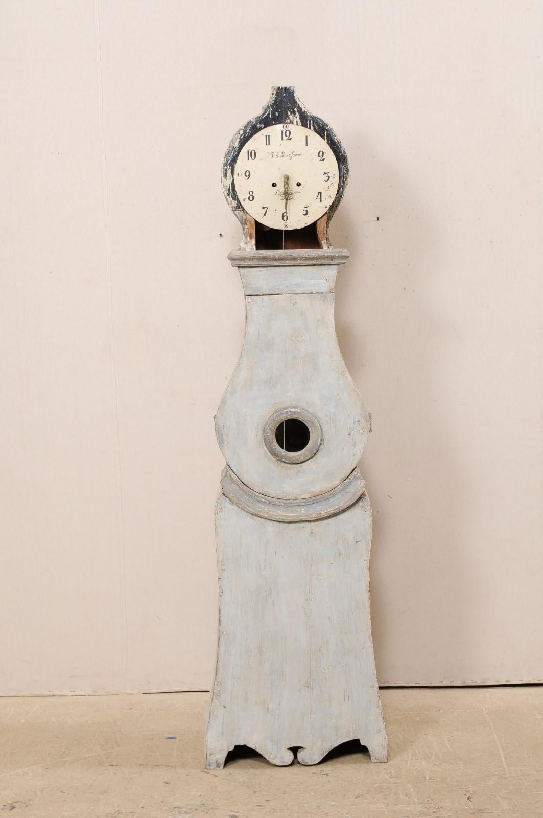 Swedish Fryksdahl Carved and Painted Wood Floor Clock in Blue and Gray Color 1