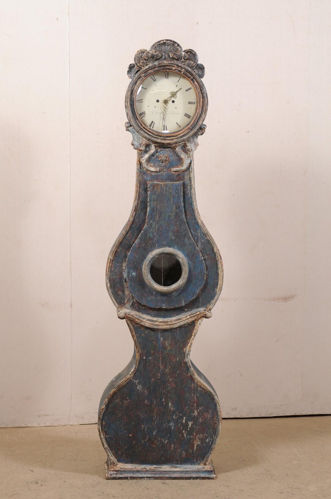 19th Century Swedish Fryksdahl Long-Case Clock, Curvy Body and Blue Palette 7