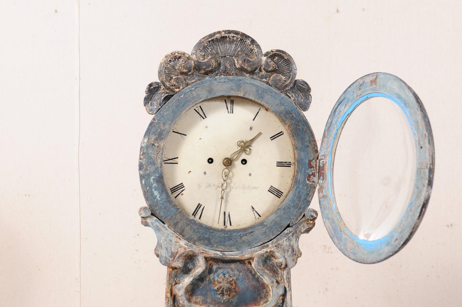 Glass 19th Century Swedish Fryksdahl Long-Case Clock, Curvy Body and Blue Palette