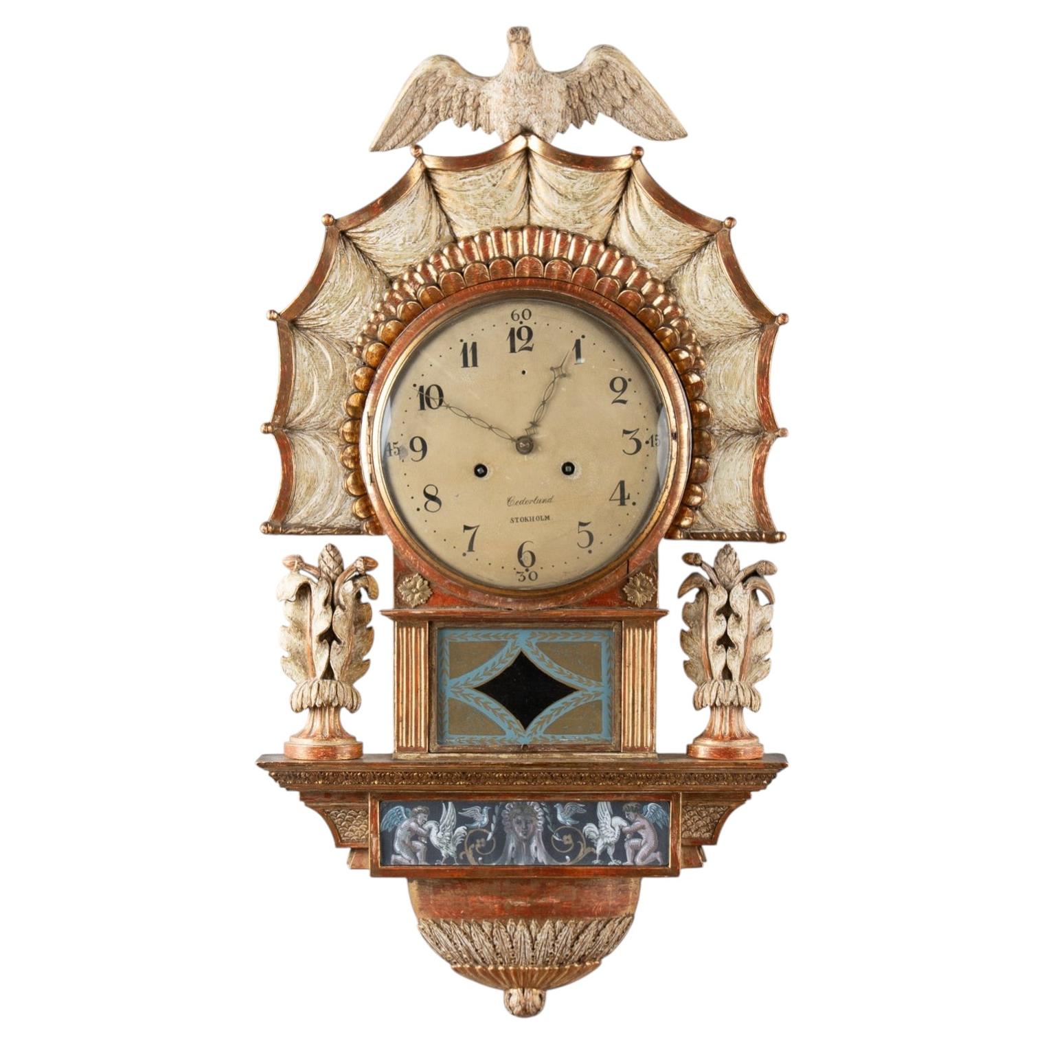19th C. Swedish Gustavian Cartel Giltwood Clock with Eagle & Angles By Cederlund