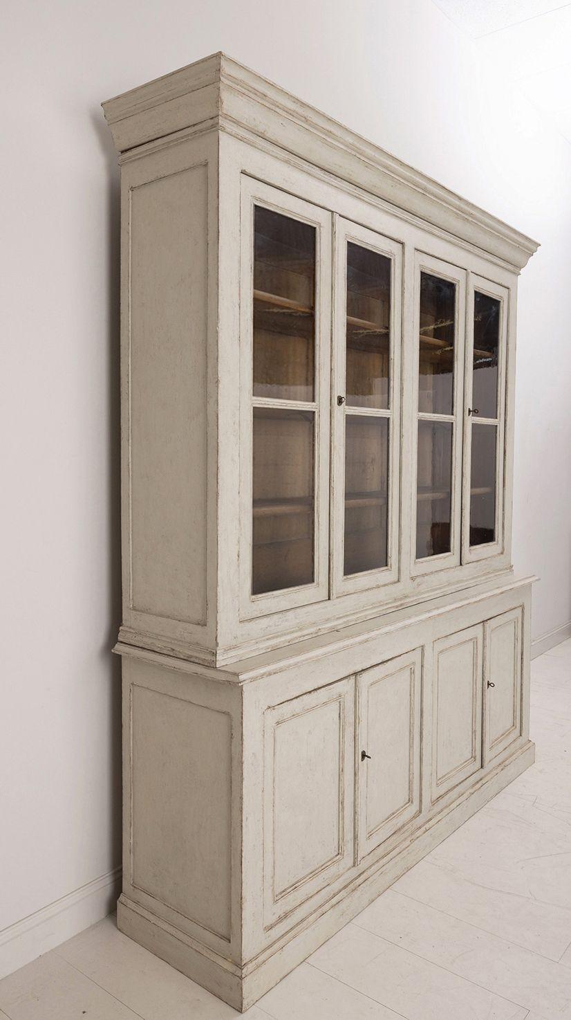 Hand-Carved 19th C. Swedish Gustavian Four-Door Painted Glass Vitrine Bookcase Cabinet