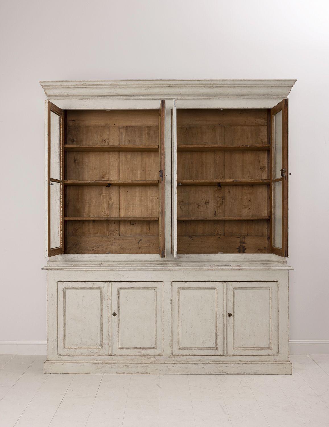 19th C. Swedish Gustavian Four-Door Painted Glass Vitrine Bookcase Cabinet 1