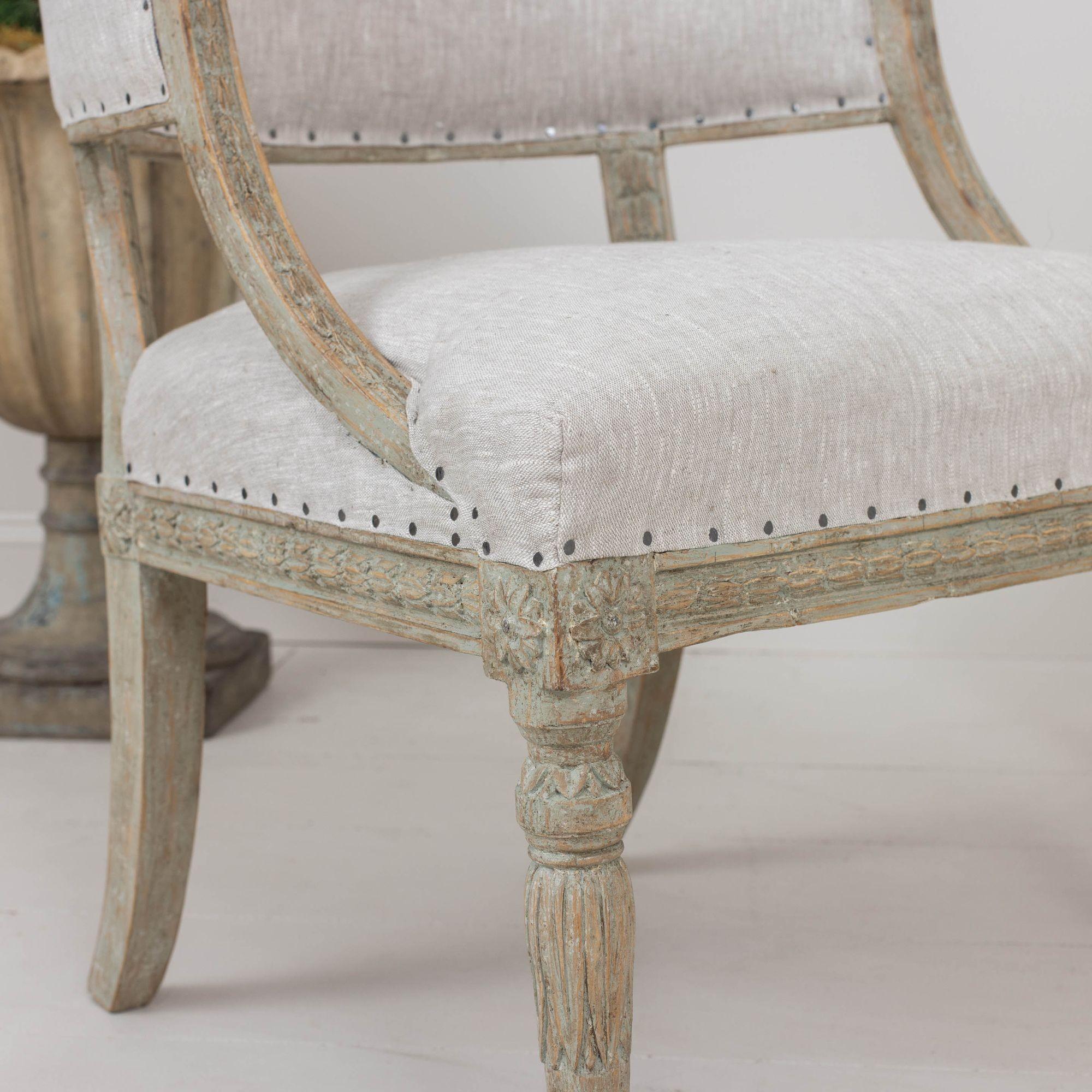 19th Century 19th c. Pair of Swedish Gustavian Painted Barrel Back Armchairs For Sale