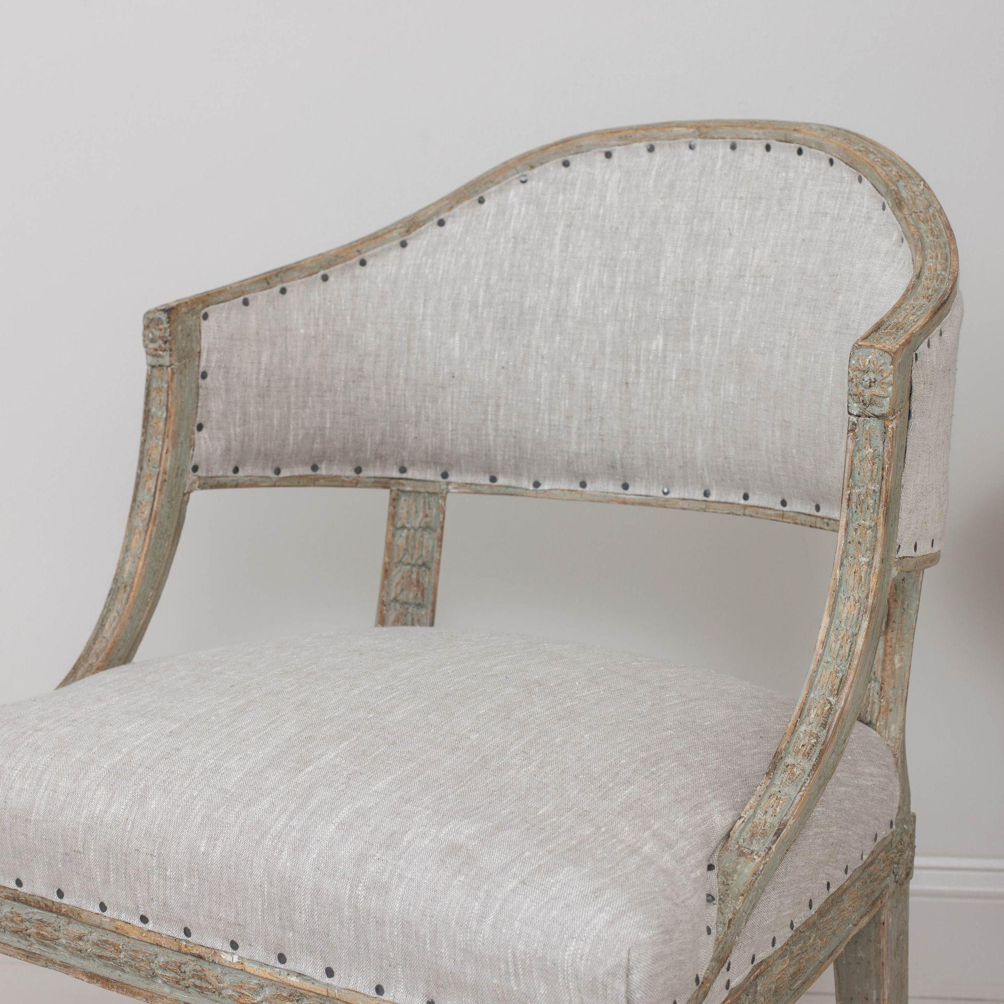 Linen 19th c. Pair of Swedish Gustavian Painted Barrel Back Armchairs For Sale