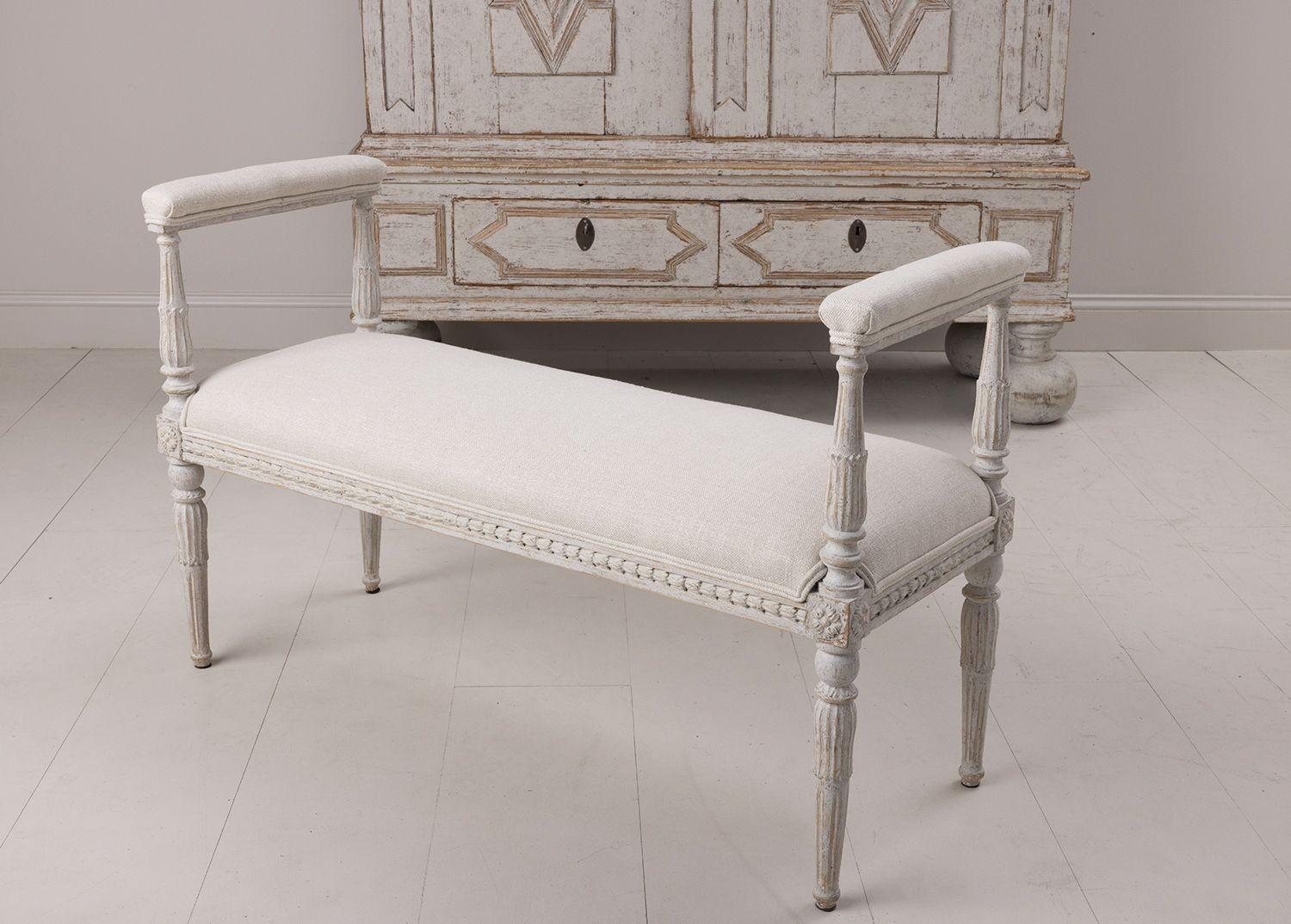 Hand-Crafted 19th C. Swedish Gustavian Painted Window Seat Bench with Armrests
