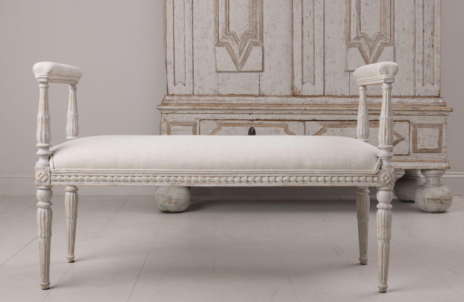 Linen 19th C. Swedish Gustavian Painted Window Seat Bench with Armrests