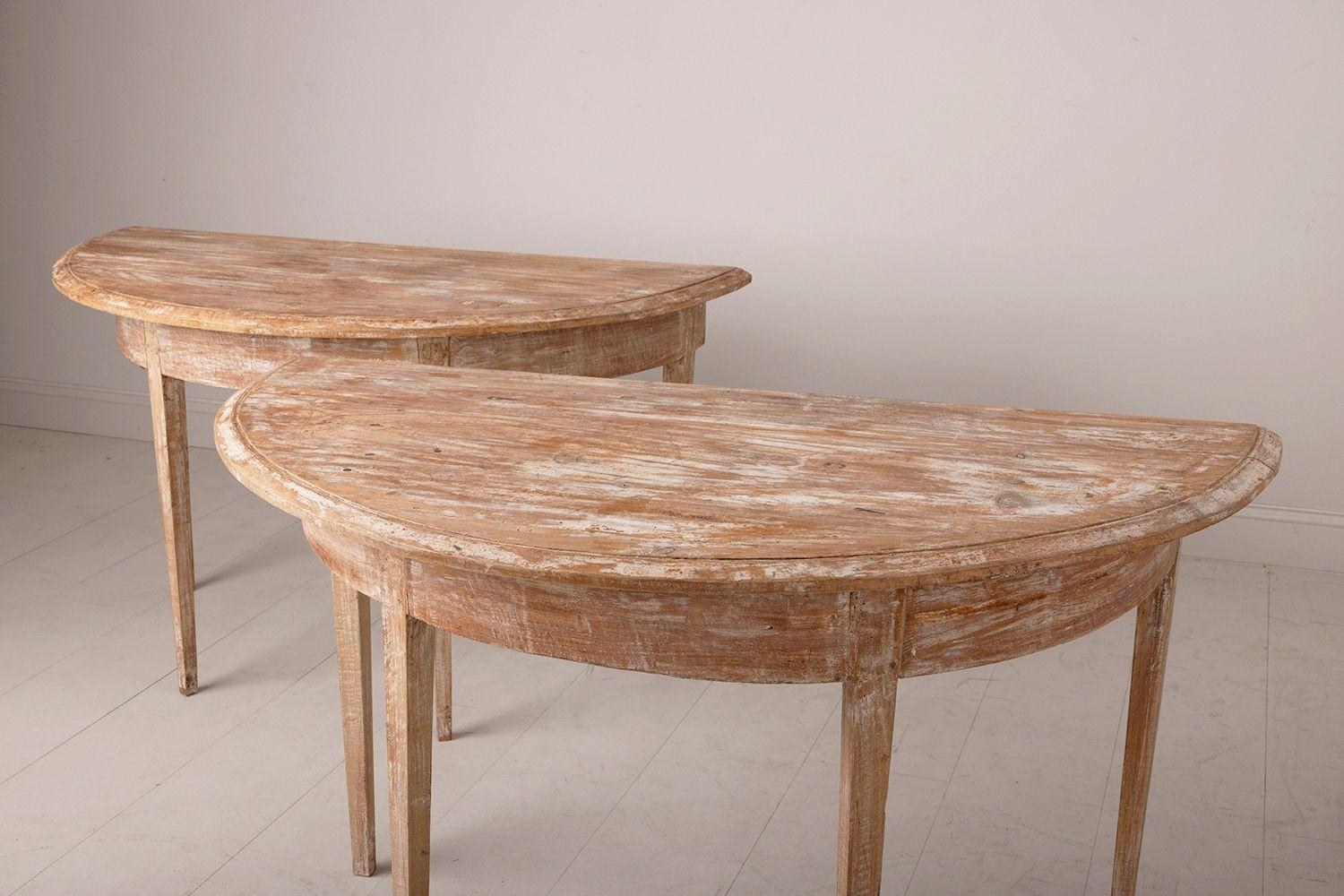 Hand-Painted 19th C. Swedish Gustavian Pair Large Demilune Console Tables in Original Paint