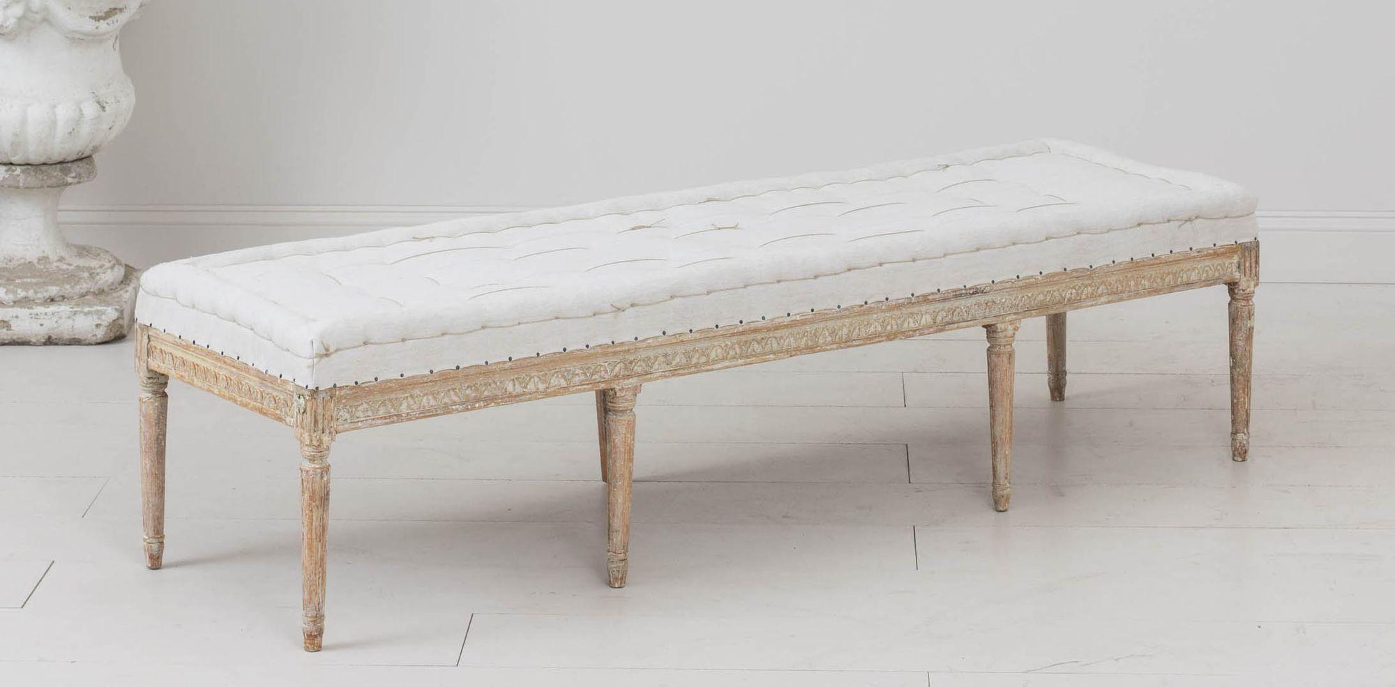 Hand-Carved 19th c. Swedish Gustavian Period Bench or Footstool in Original Paint