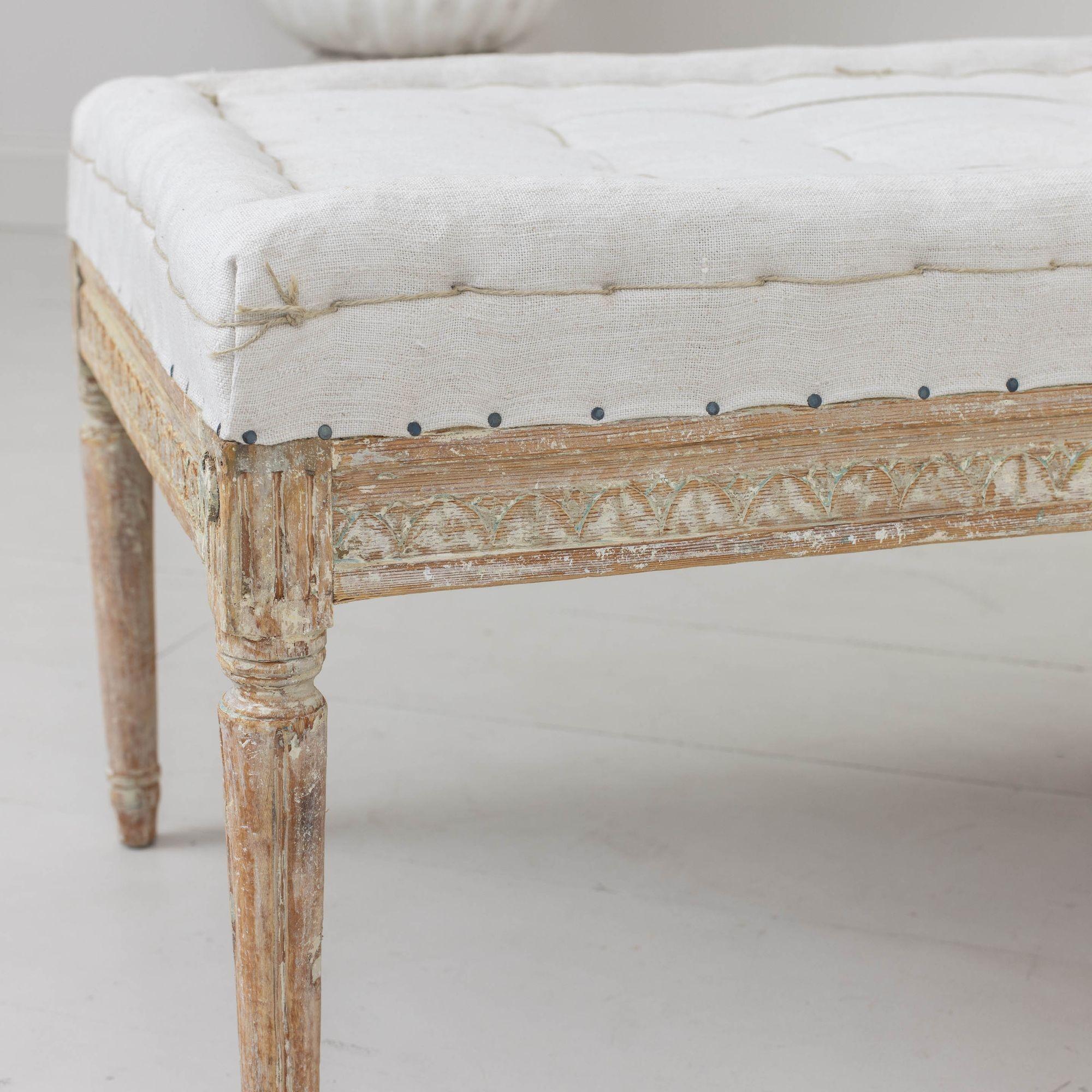 Linen 19th c. Swedish Gustavian Period Bench or Footstool in Original Paint