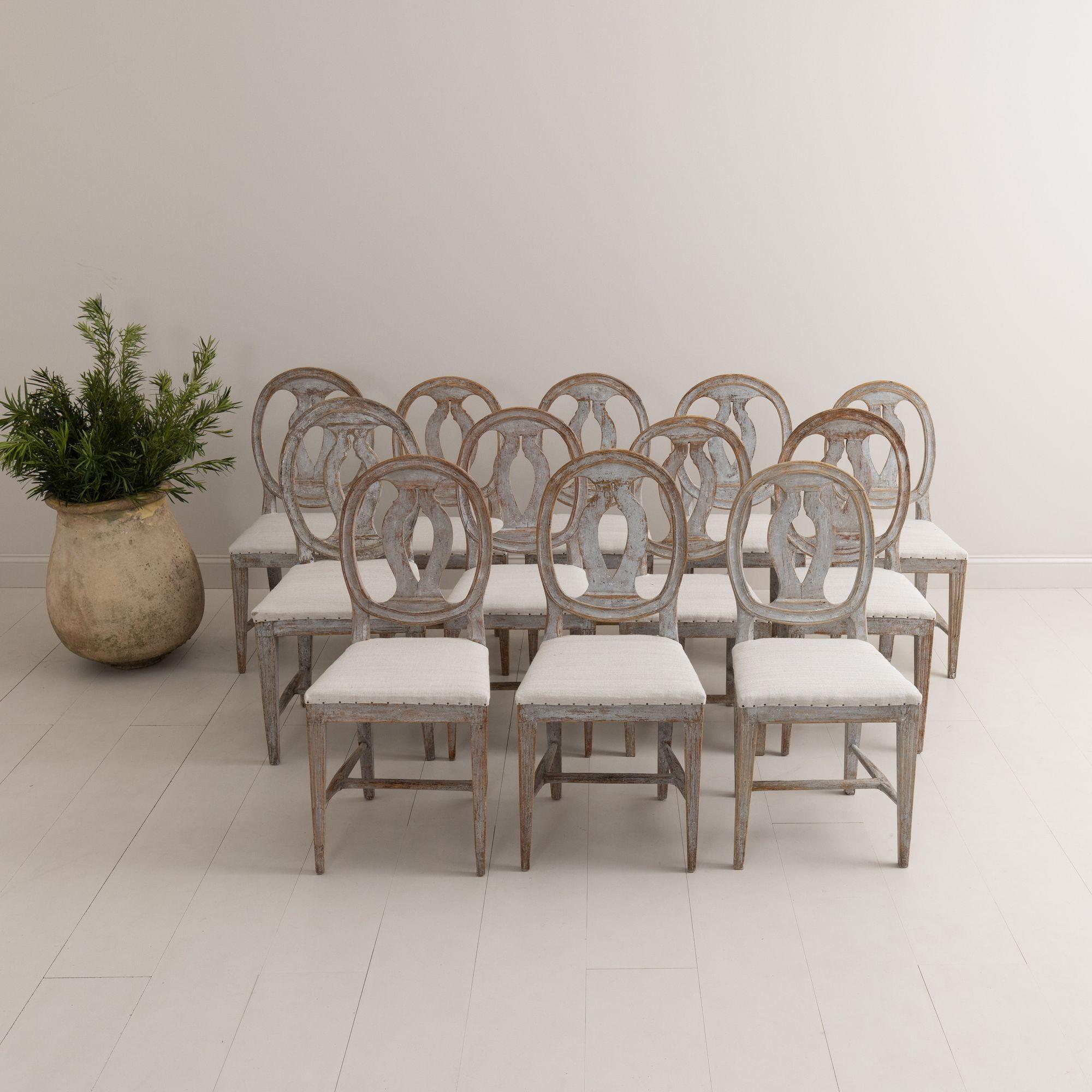 Hand-Carved 19th c. Collection of Twelve Gustavian 'Swedish Model' Chairs in Original Paint