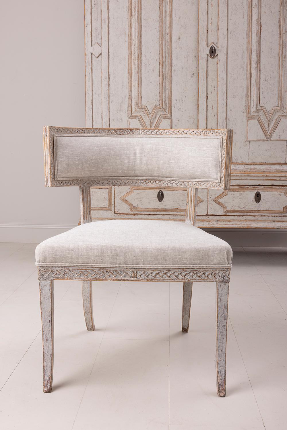 Hand-Carved 19th C. Swedish Gustavian Period Upholstered and Painted Klismos Chair For Sale
