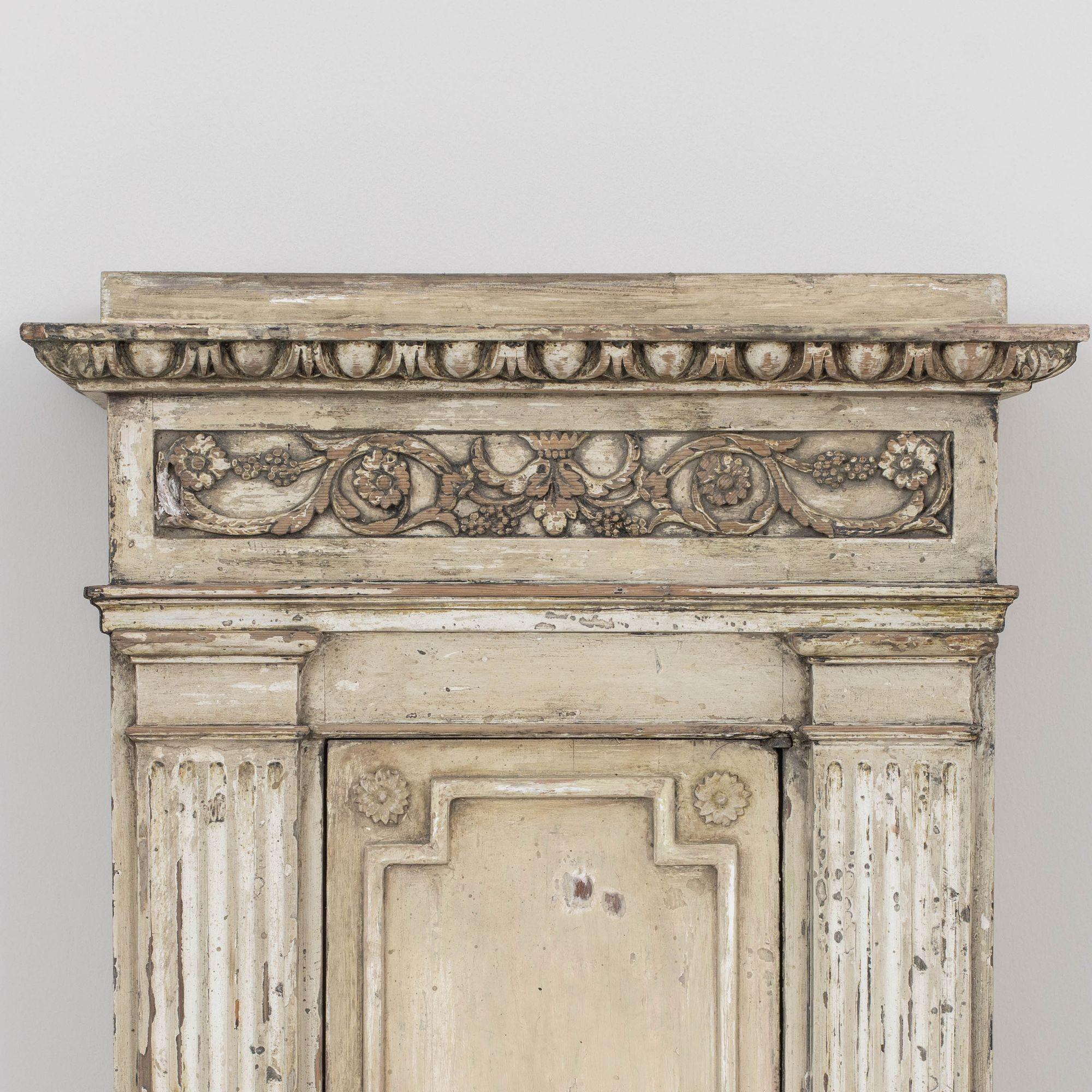 Hand-Carved 19th c. Swedish Gustavian Pilaster Cupboard in Original Paint