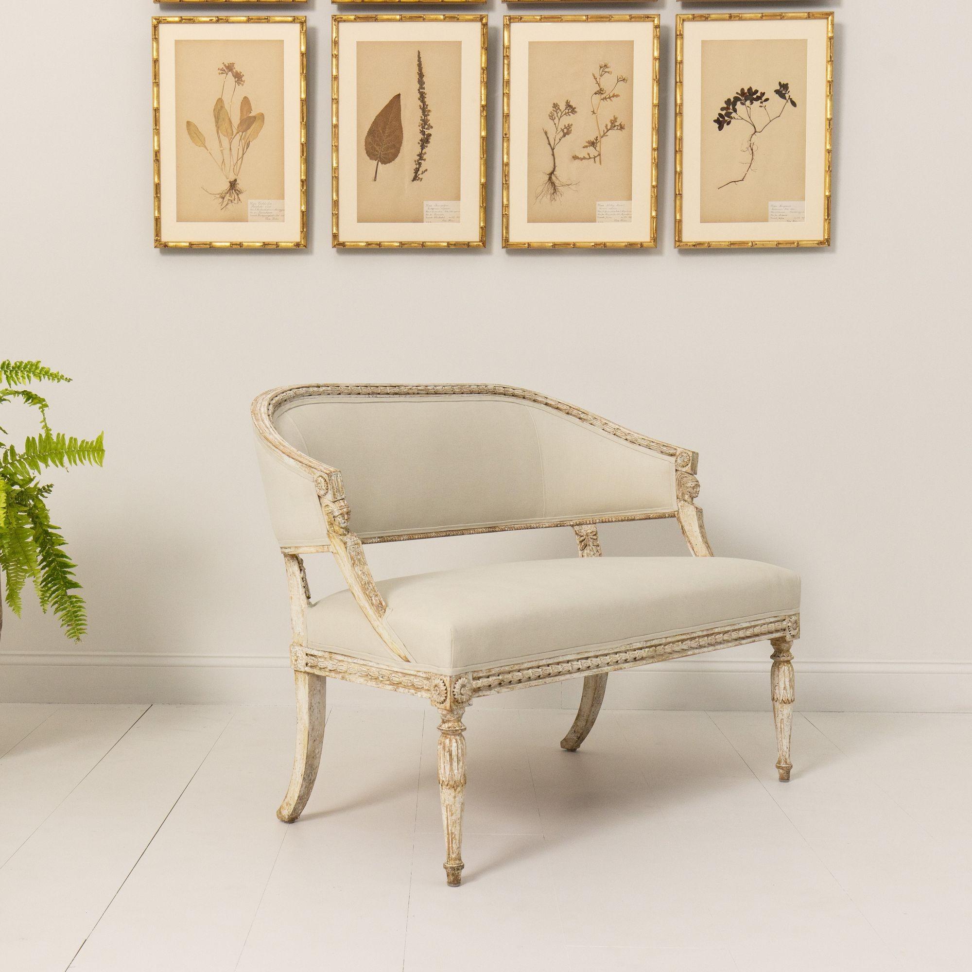 A beautiful Swedish Gustavian settee with a comfortable barrel-style back, hand-scraped to the original paint surface and newly upholstered in linen. The frame features carved bell flowers with sphinx heads on the arms. The front legs are adorned
