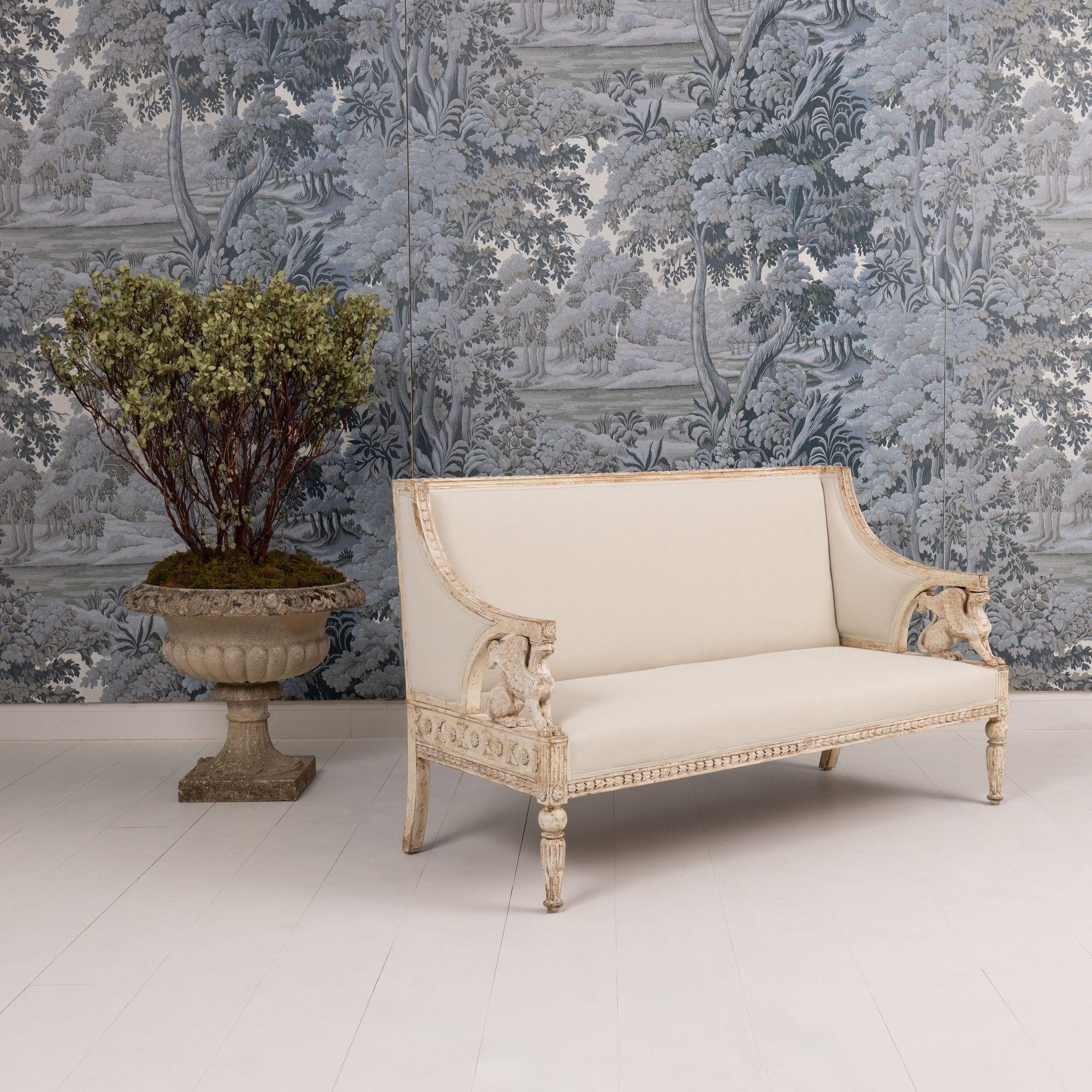 Hand-Carved 19th c. Swedish Gustavian Sofa Bench with Griffins in Original Paint