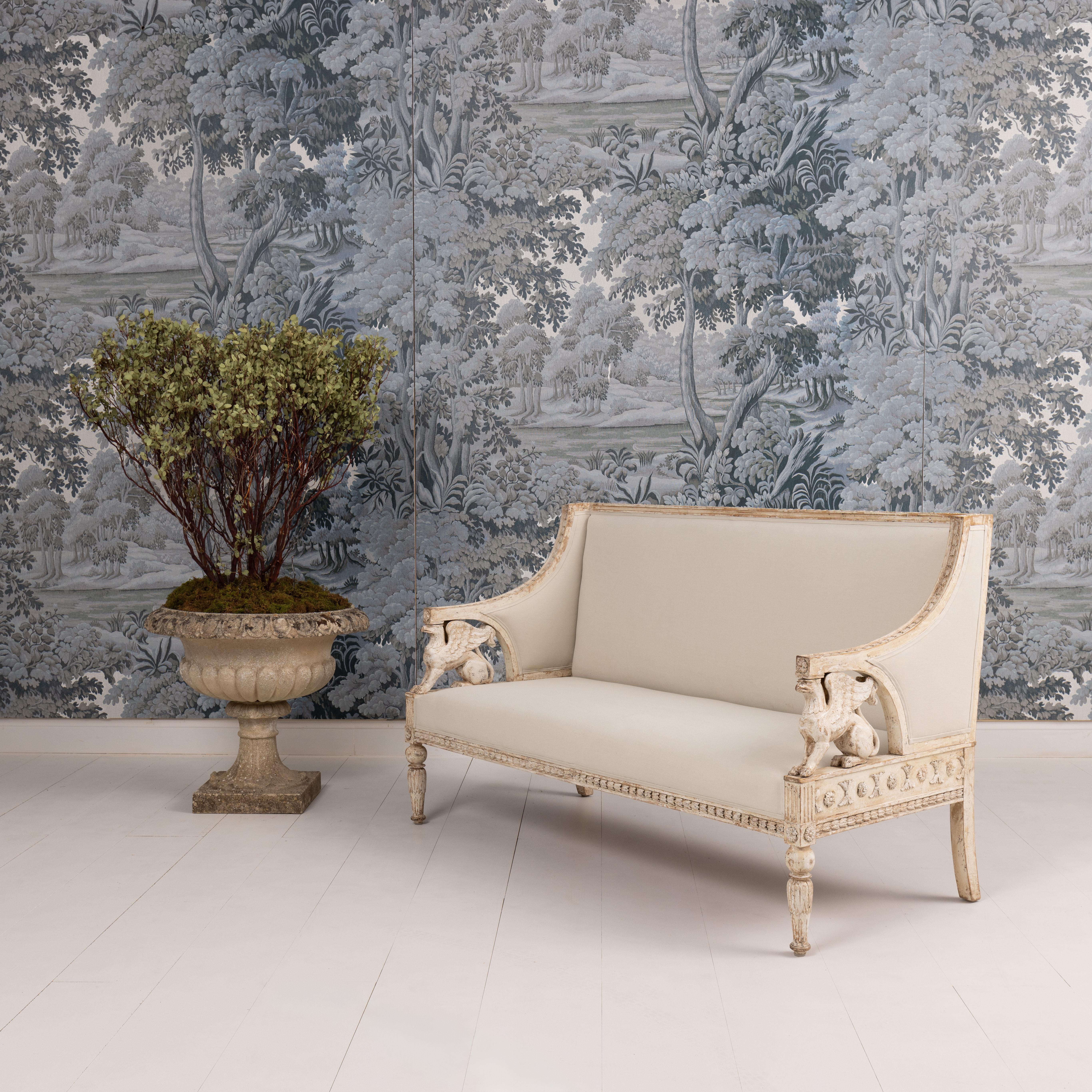 Linen 19th c. Swedish Gustavian Sofa Bench with Griffins in Original Paint