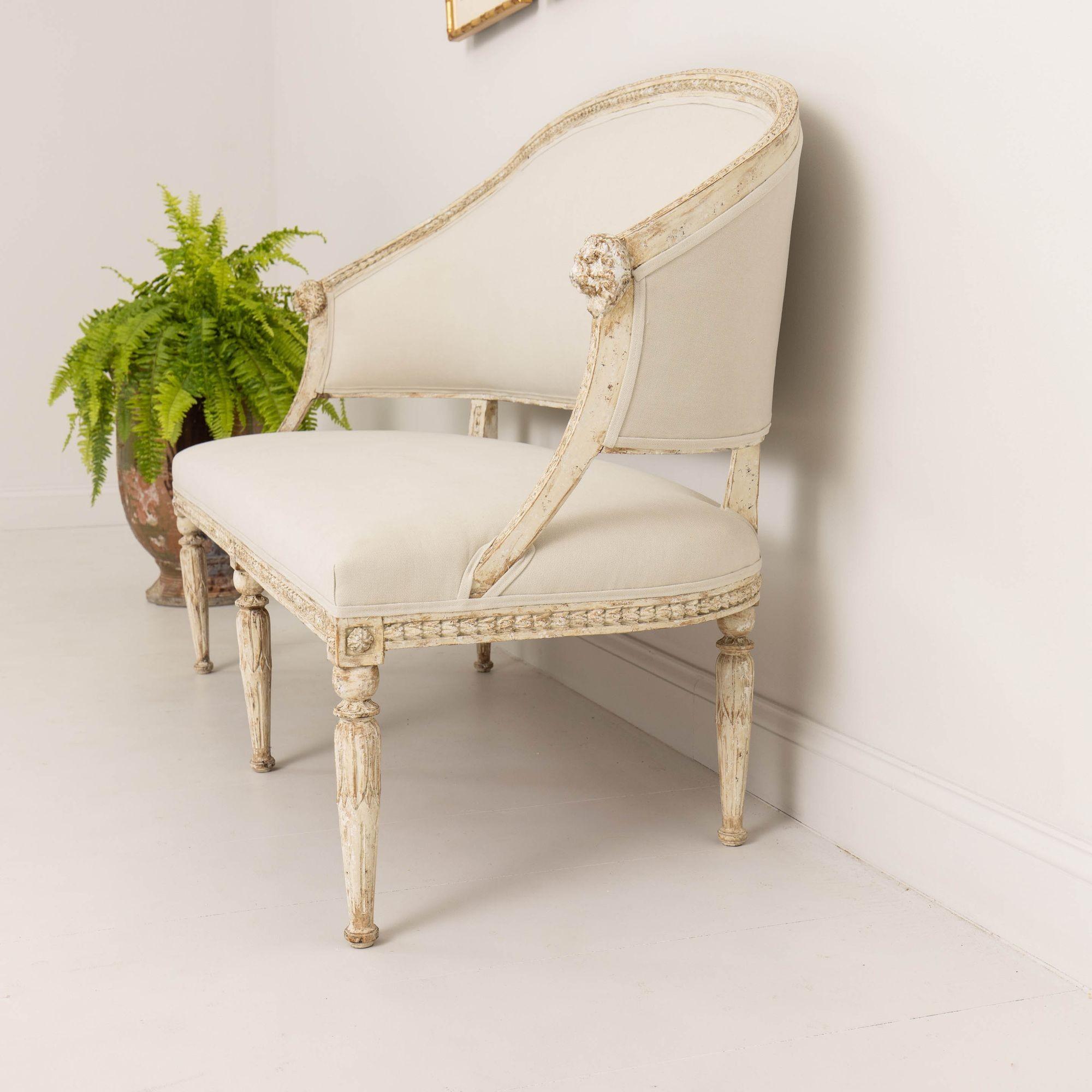 Linen 19th c. Swedish Gustavian Sofa or Settee with Lion Heads in Original Paint For Sale