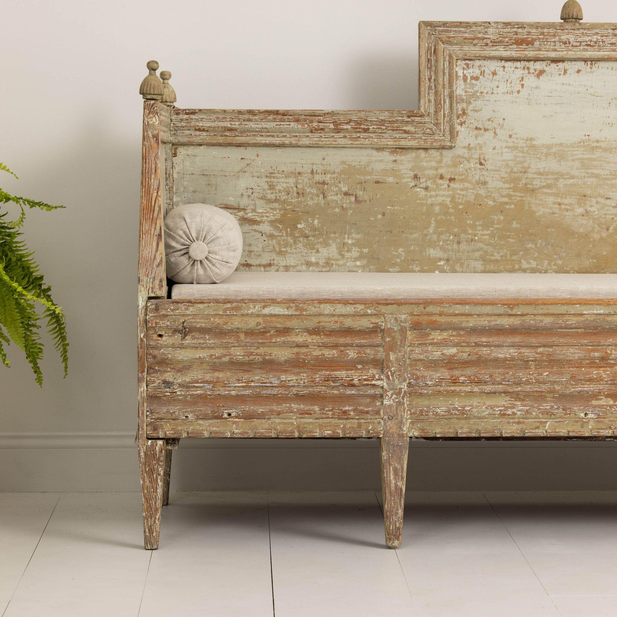 Hand-Carved 19th c. Swedish Late Gustavian Sofa Bench Settee in Original Paint