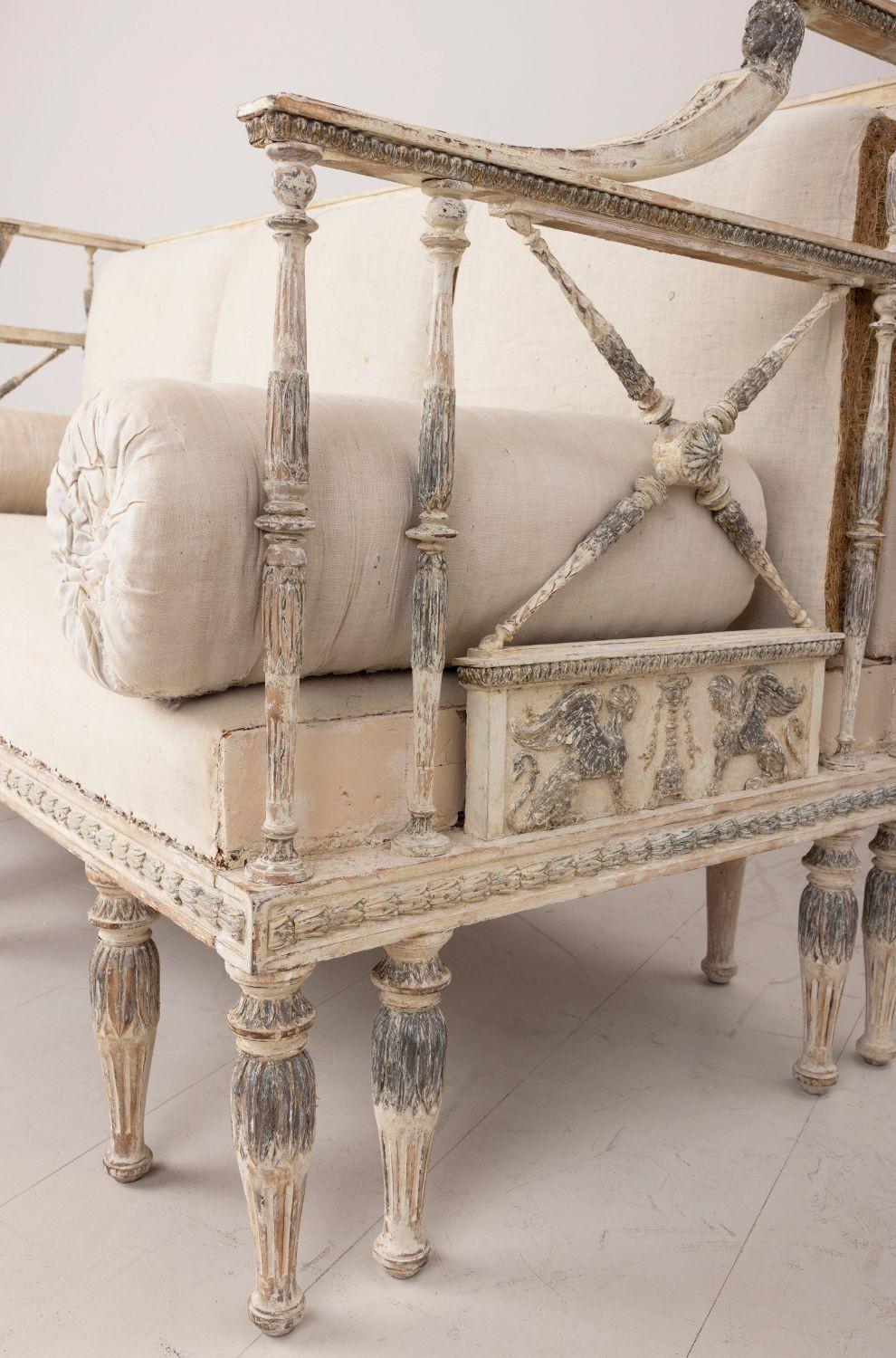 Hand-Carved 19th c. Swedish Gustavian Sofa Bench with Egyptian Carvings in Original Paint