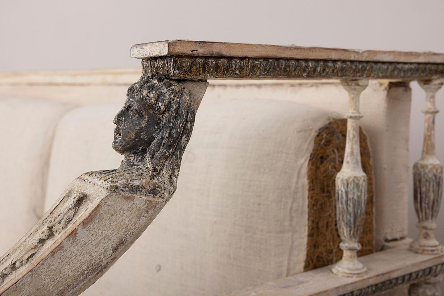 19th Century 19th c. Swedish Gustavian Sofa Bench with Egyptian Carvings in Original Paint