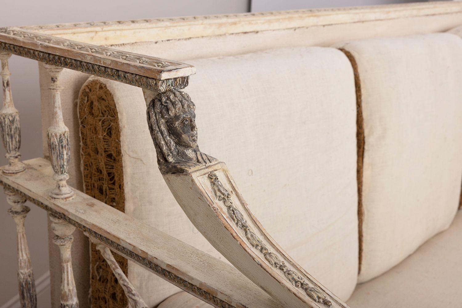 19th c. Swedish Gustavian Sofa Bench with Egyptian Carvings in Original Paint 3