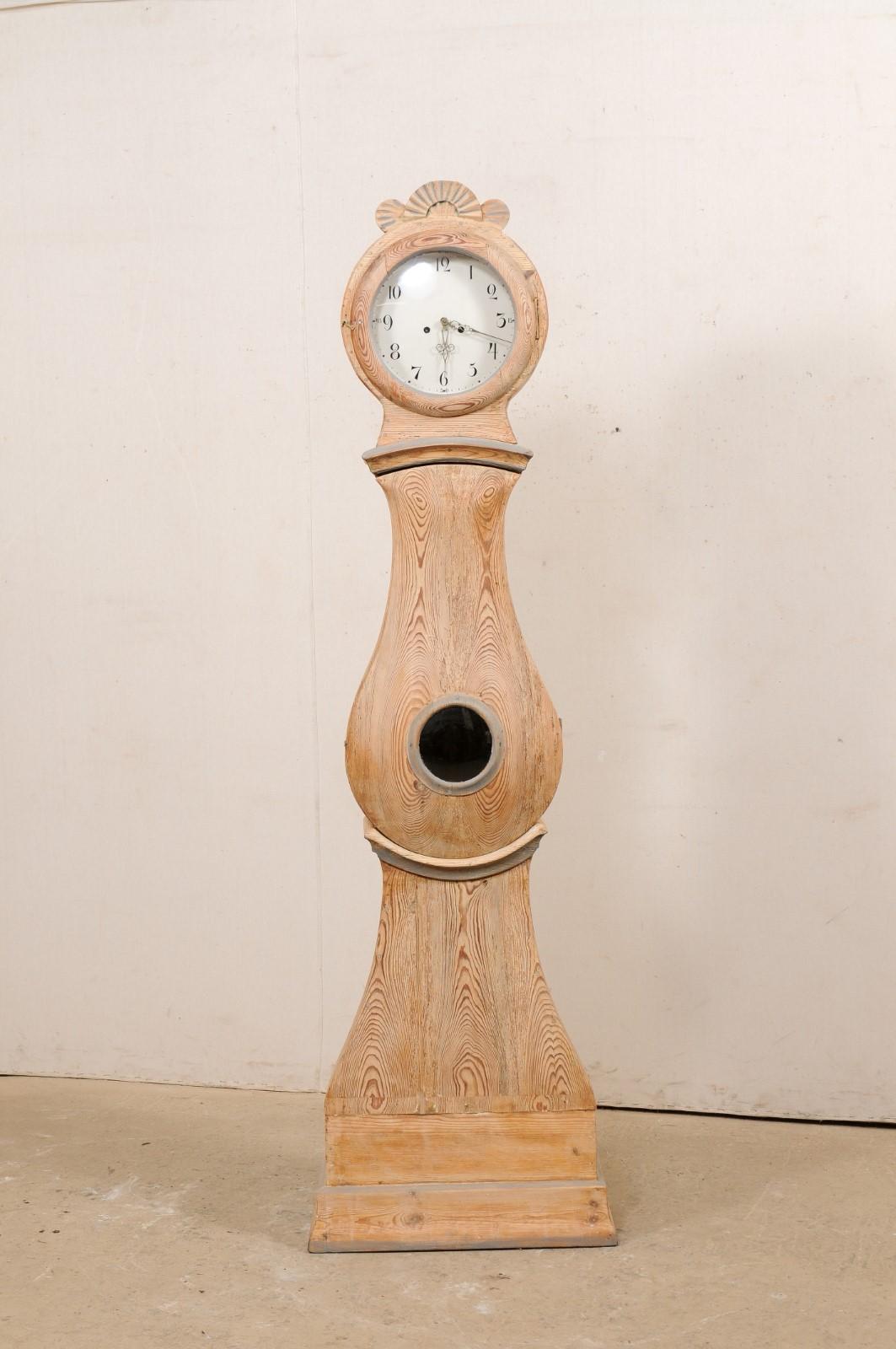 Wood 19th C. Swedish Long-Case Clock w/Beautifully Pillowing Belly & Nice Proportions For Sale