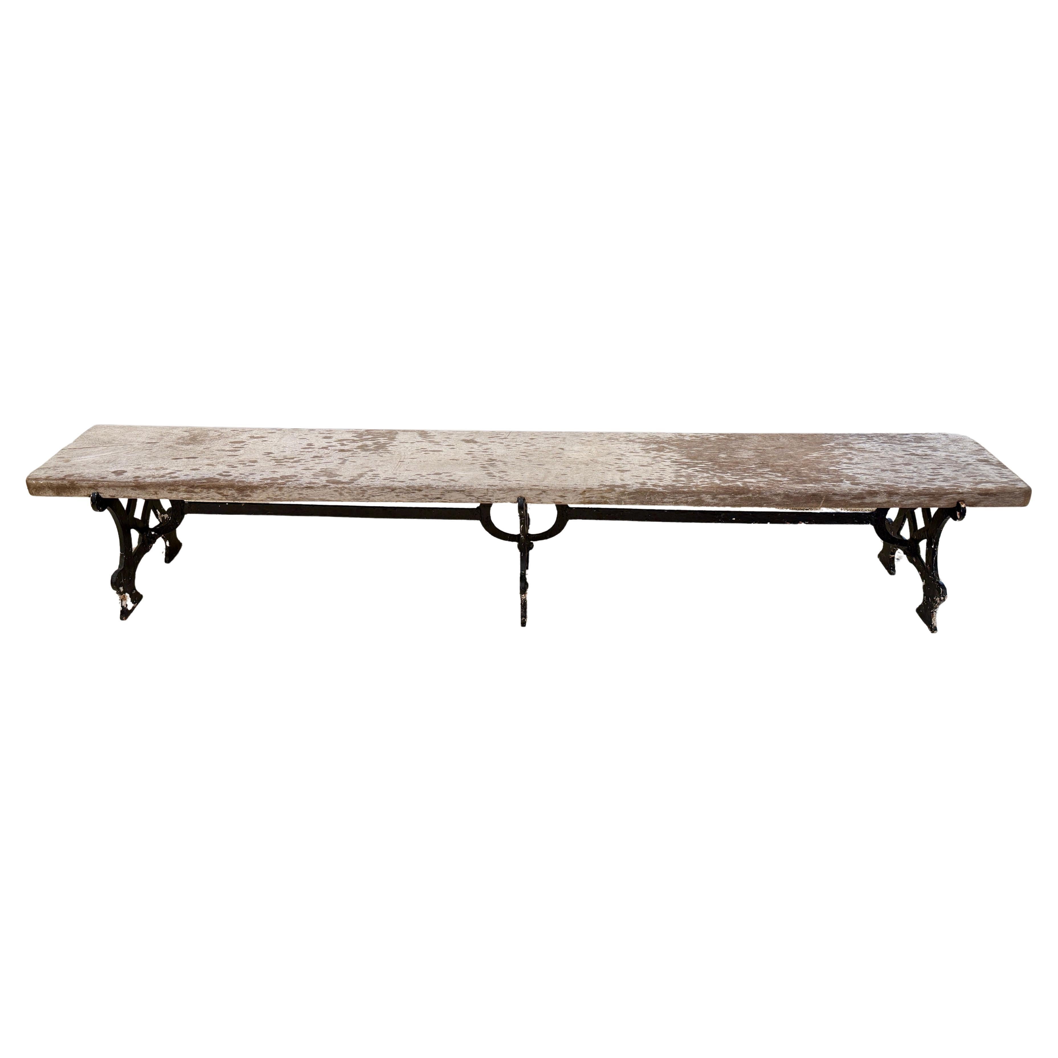 19th C. Swedish Long Rustic Iron and Wood Plank Bench