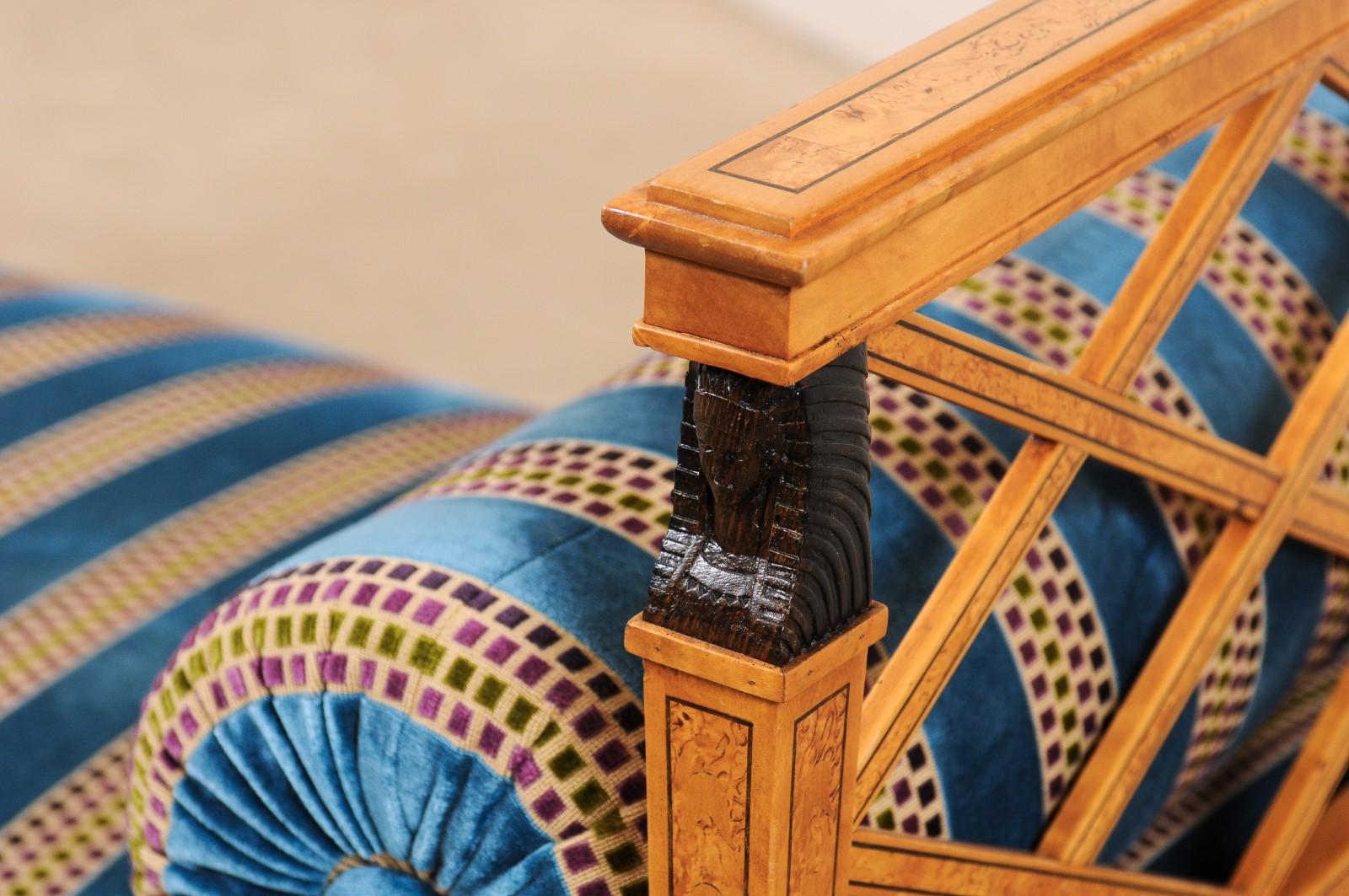 Tissu d'ameublement Swedish Neoclassical Style Upholstered Bench with Egyptian Revival Carvings