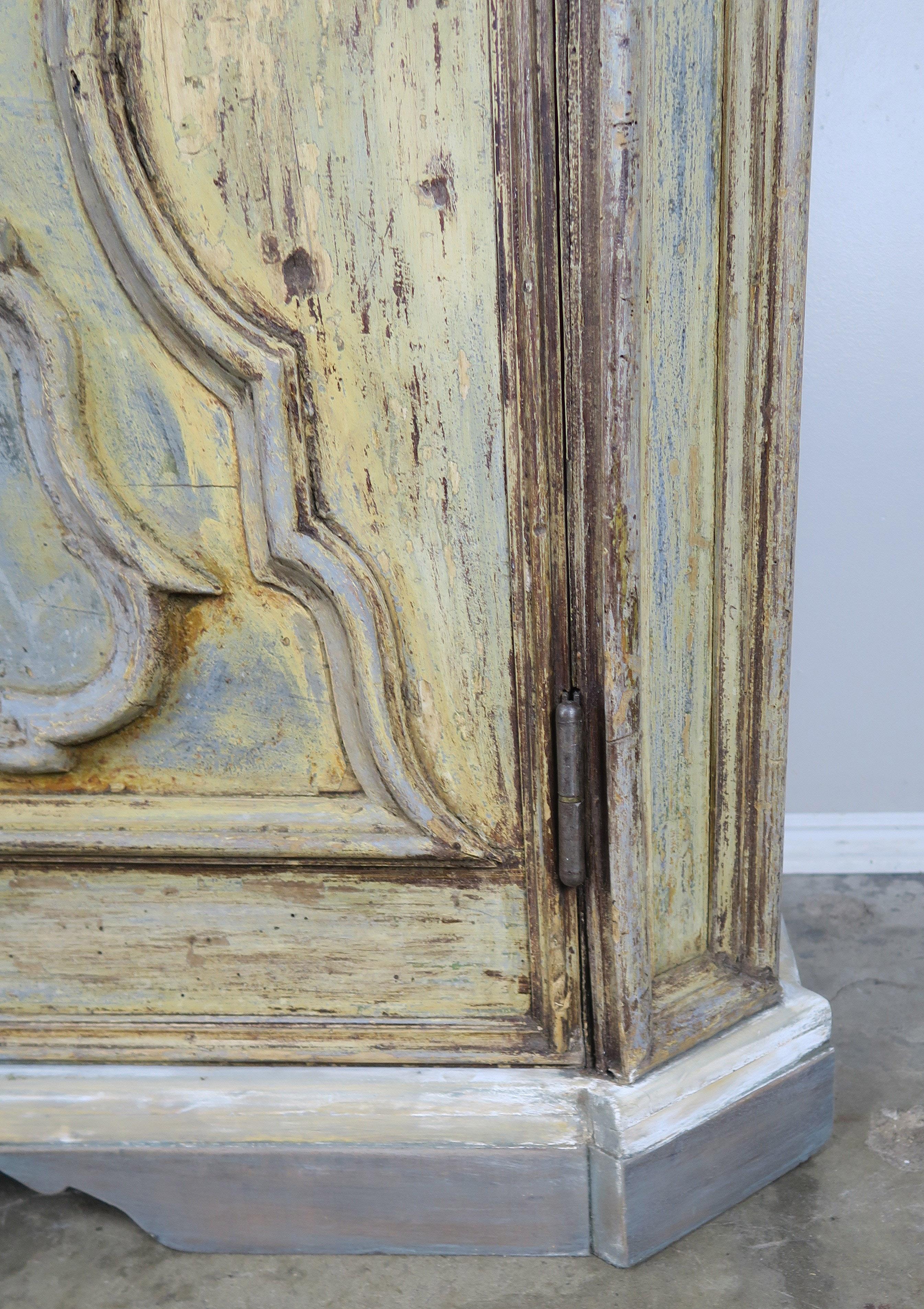 19th Century Swedish Painted Cabinet with Carved Doors In Distressed Condition In Los Angeles, CA