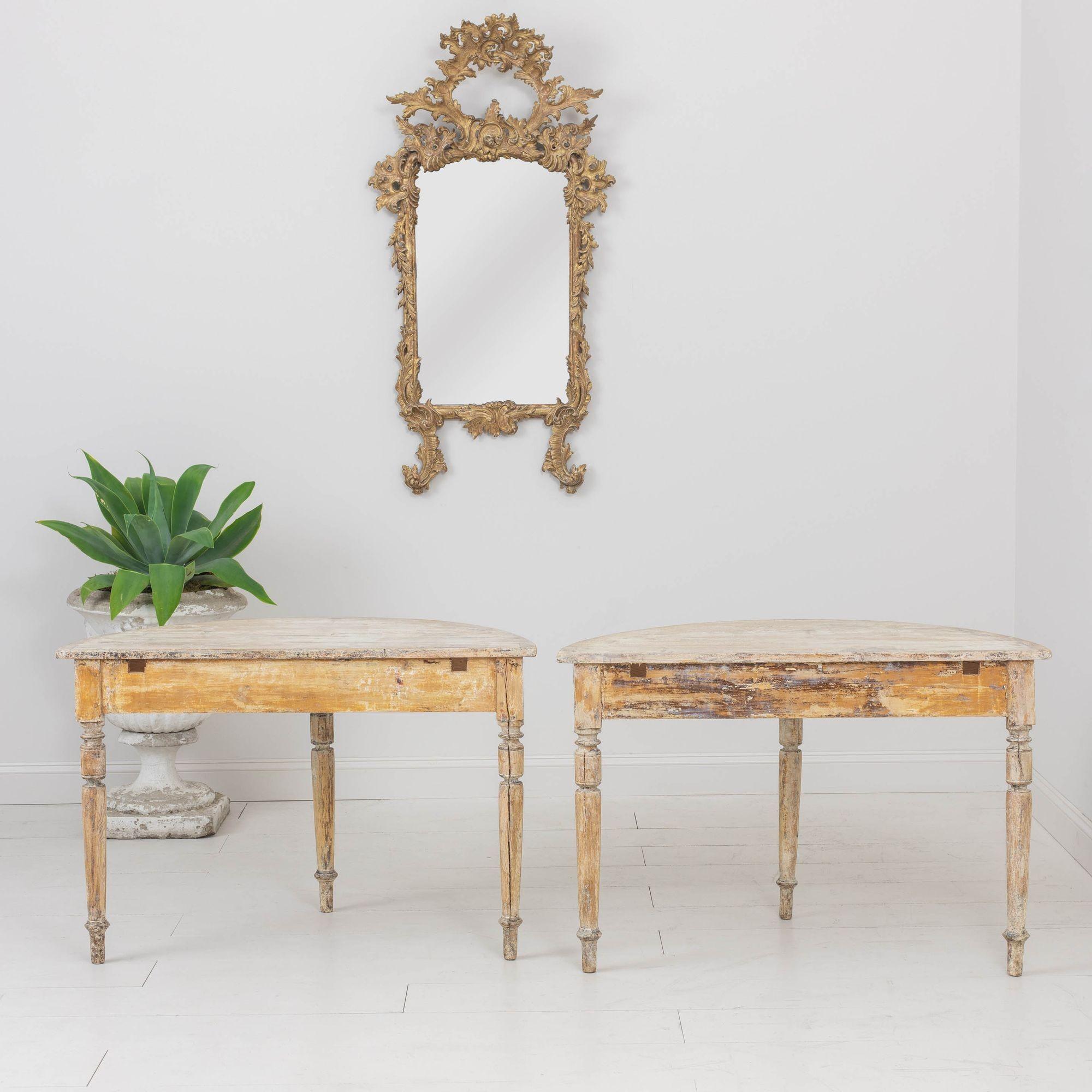 19th c. Swedish Pair of Demilune Console Tables in Original Paint For Sale 9