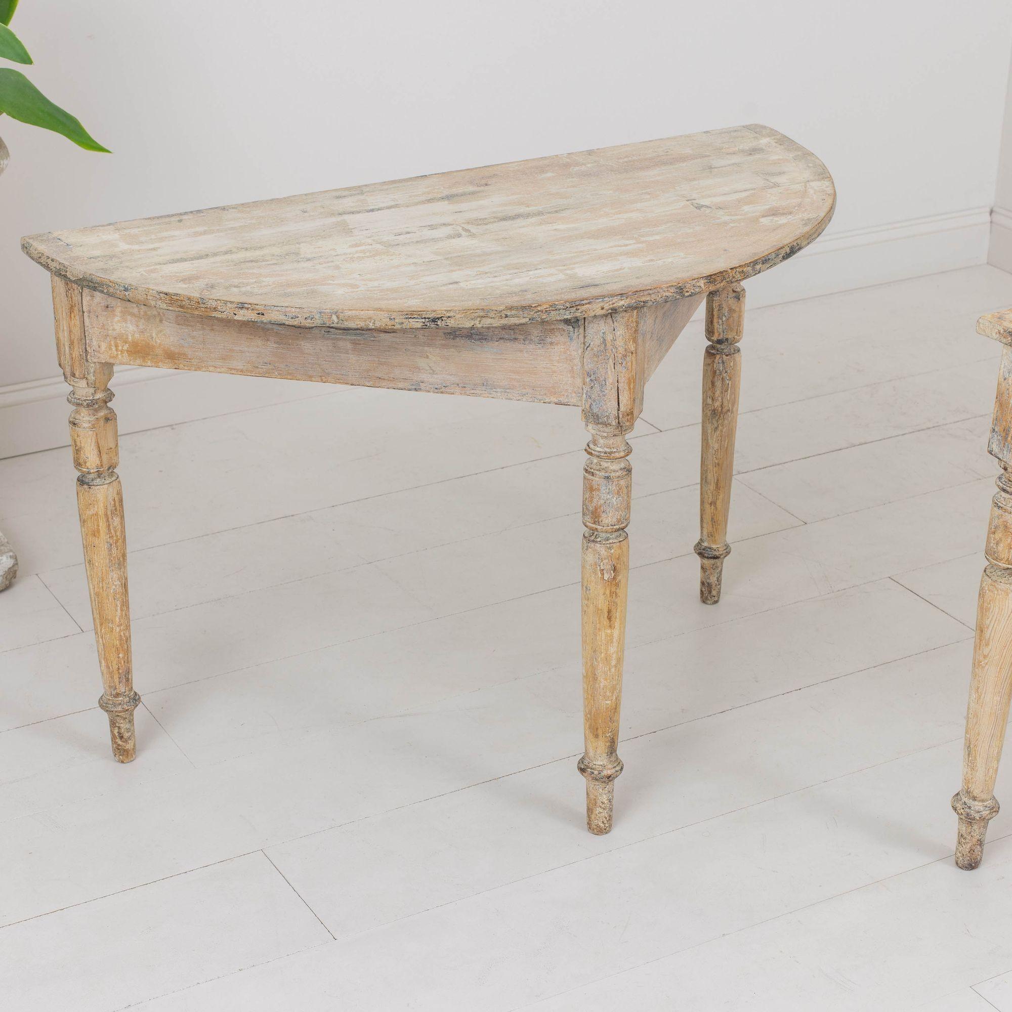 Hand-Carved 19th c. Swedish Pair of Demilune Console Tables in Original Paint For Sale