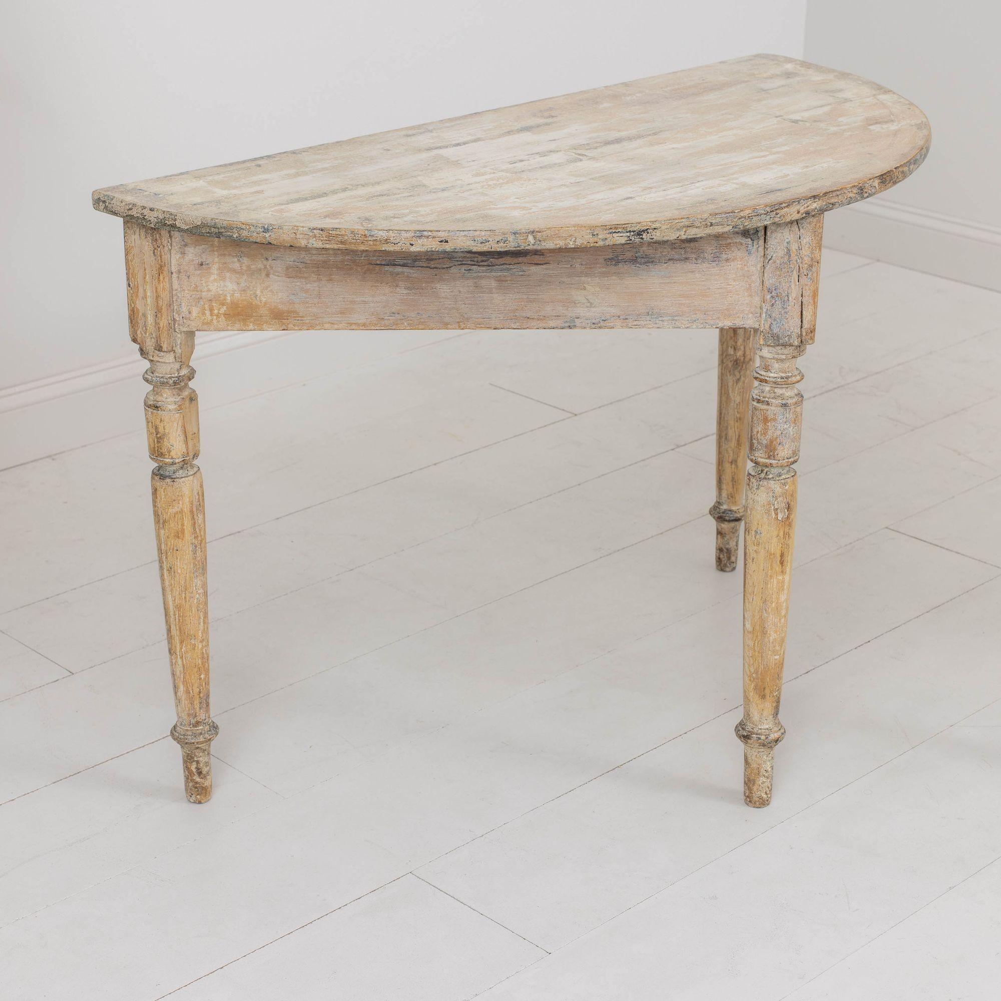 Pine 19th c. Swedish Pair of Demilune Console Tables in Original Paint For Sale