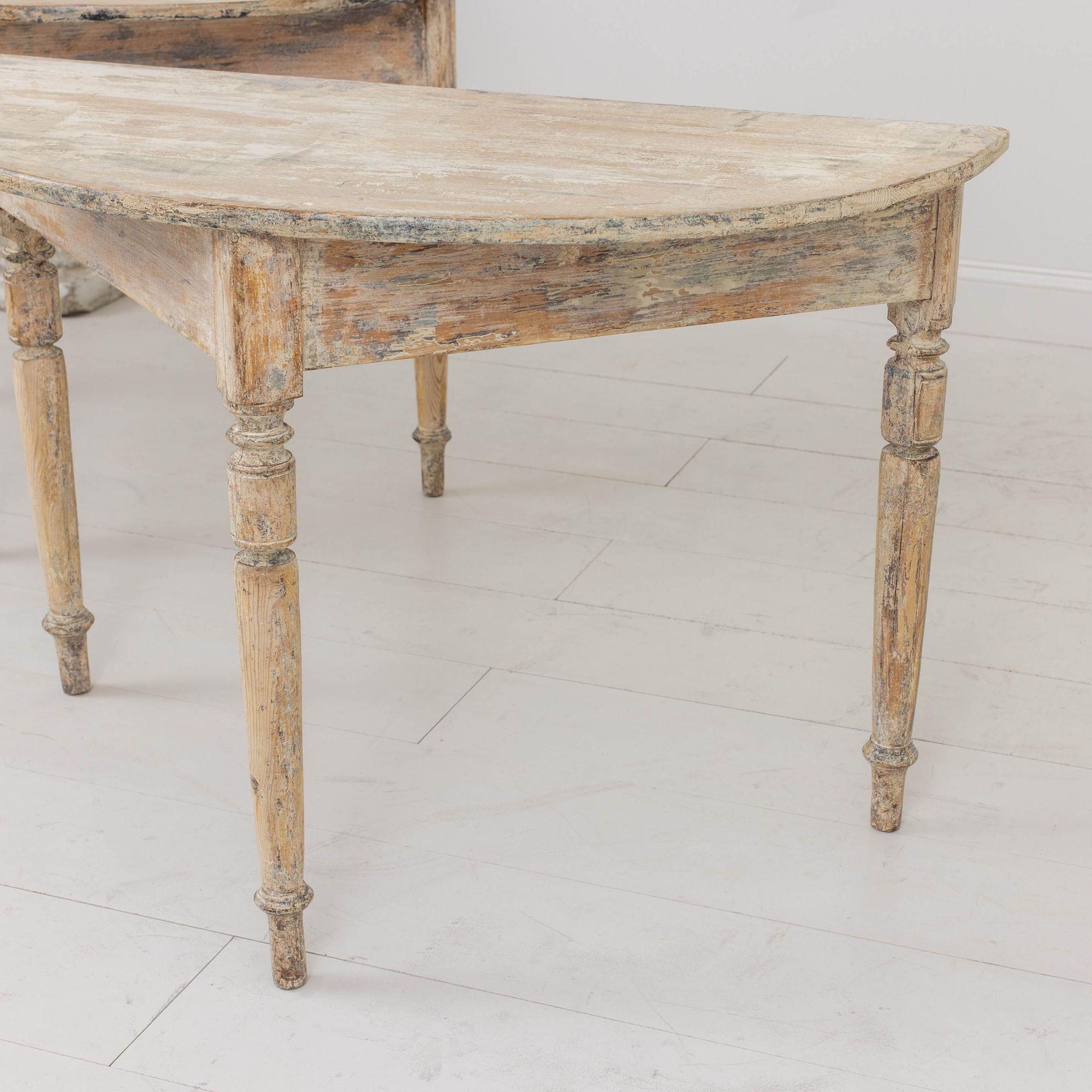 19th c. Swedish Pair of Demilune Console Tables in Original Paint For Sale 1