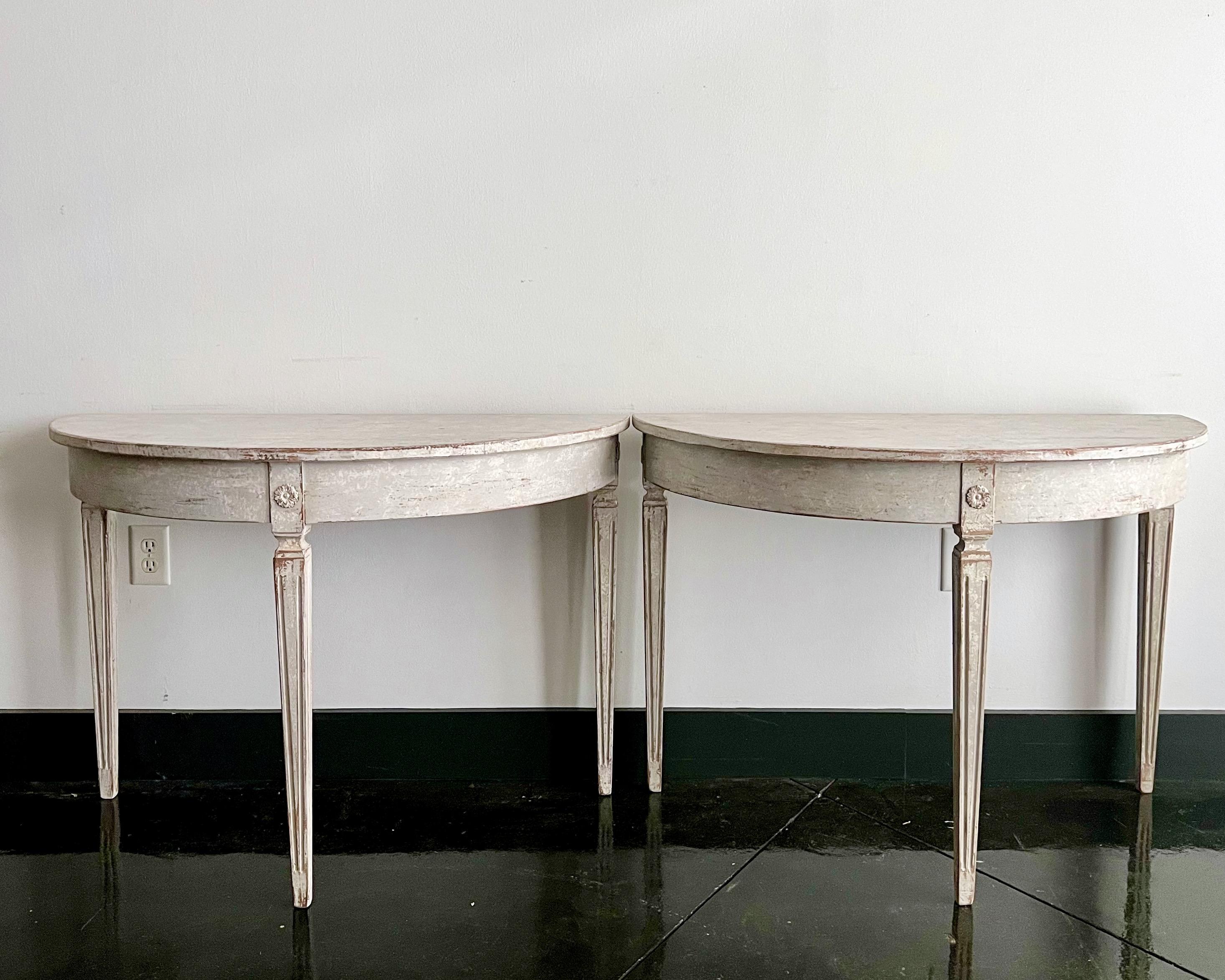 Neoclassical 19th c. Swedish Pair of Demilune Console Tables, Stockholm 1820 For Sale