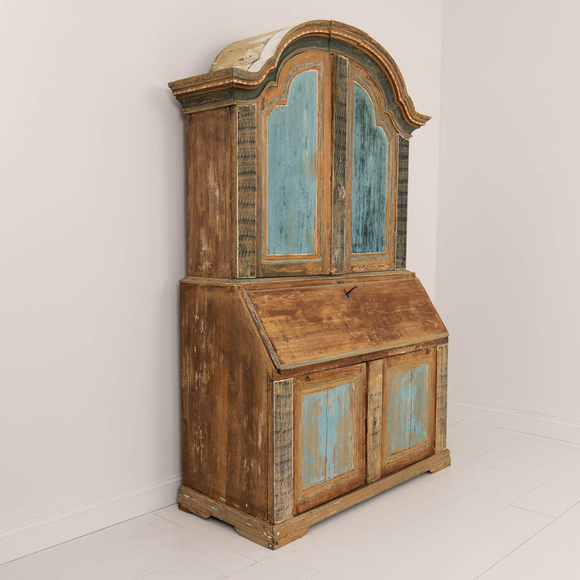 19th Century 19th c. Swedish Rococo Secretary with Library in Original Paint For Sale