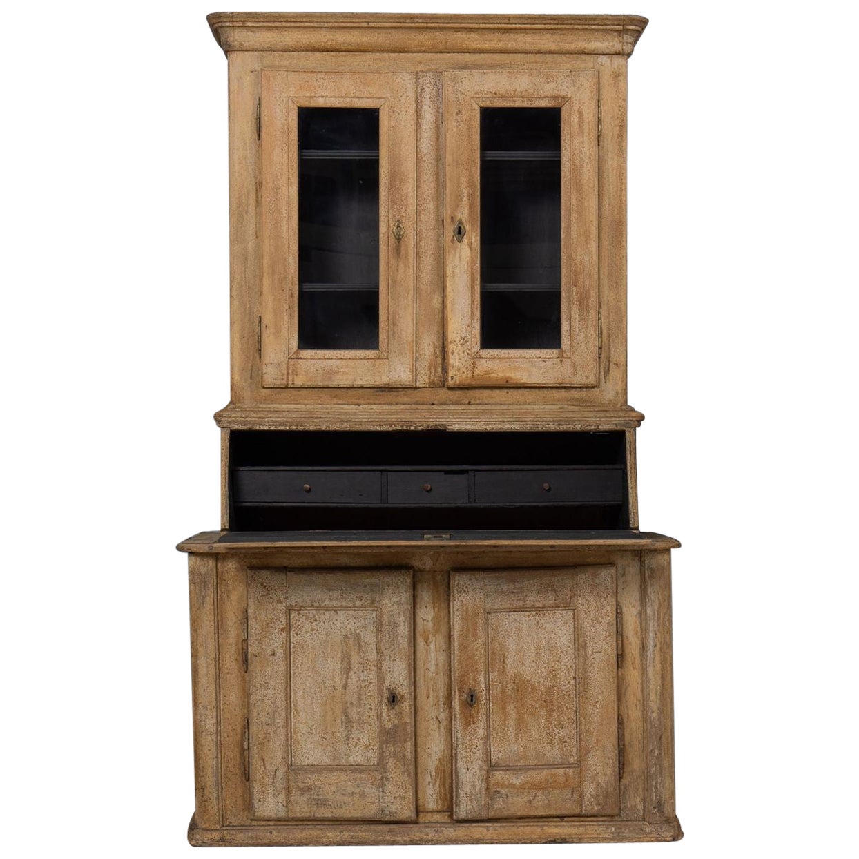19th c. Swedish Secretary with Vitrine Library in Original Paint