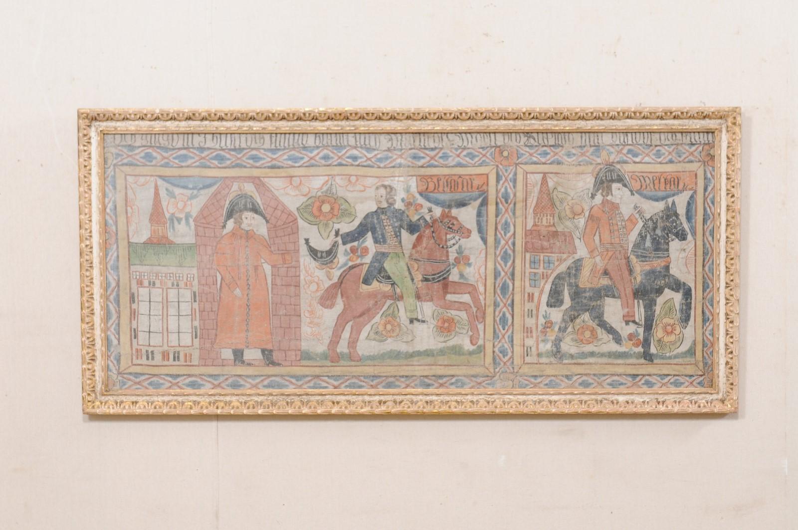Pièce d'art décorative présentant un tissu suédois du XIXe siècle placé derrière une vitre dans un cadre en bois sculpté. Ce tissu suédois du XIXe siècle, de style primitif, représentant des personnages masculins à cheval, ainsi que divers paysages