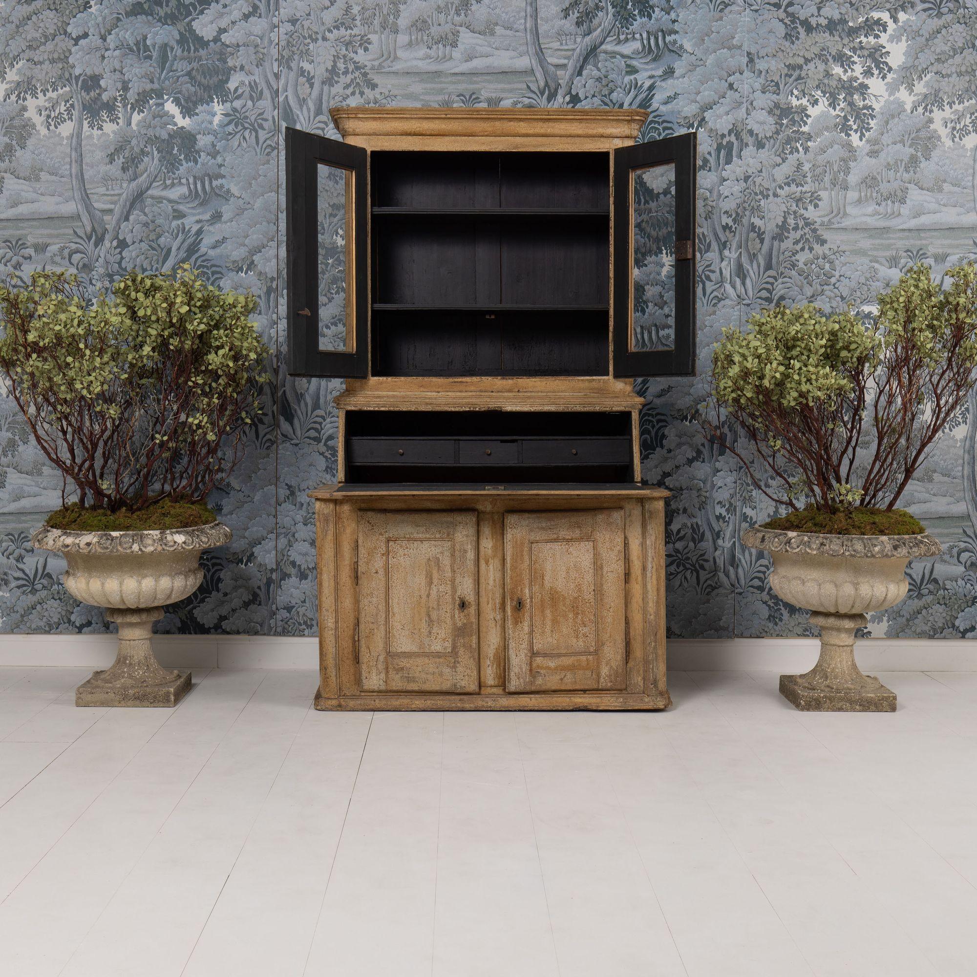 Hand-Carved 19th c. Swedish Secretary with Vitrine Library in Original Paint For Sale