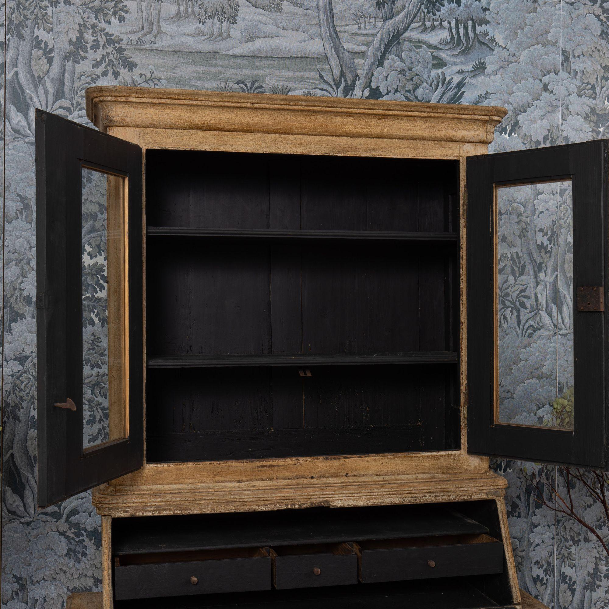 19th c. Swedish Secretary with Vitrine Library in Original Paint In Good Condition For Sale In Wichita, KS