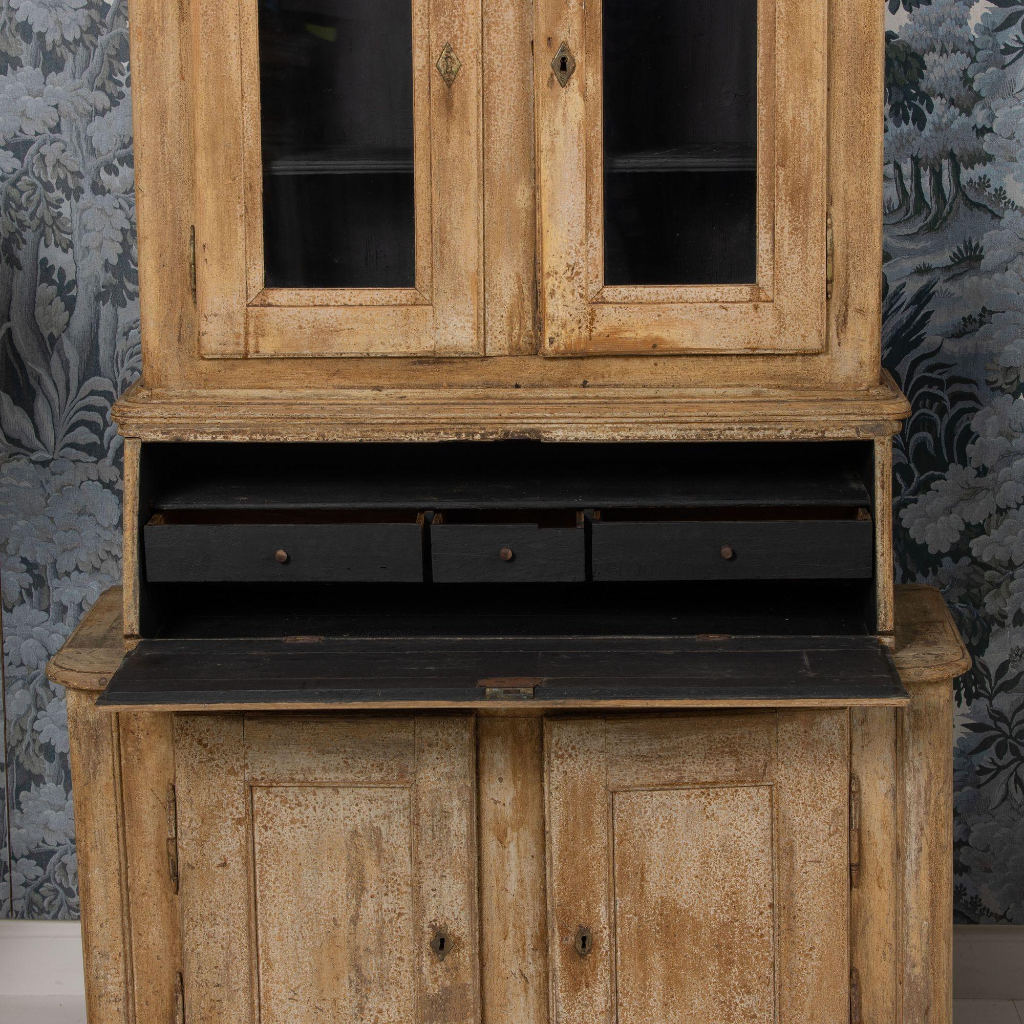 19th c. Swedish Secretary with Vitrine Library in Original Paint For Sale 2