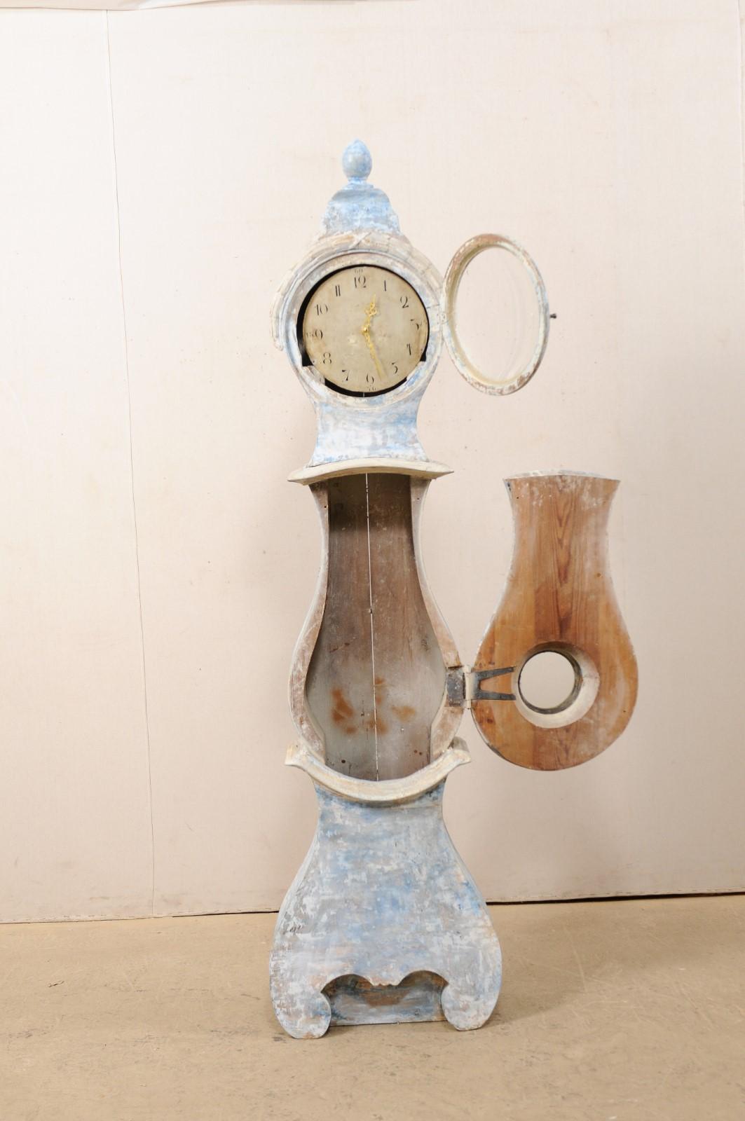 Glass 19th Century Swedish Wood Floor Clock with Scraped Finish & New Quartz Movement For Sale