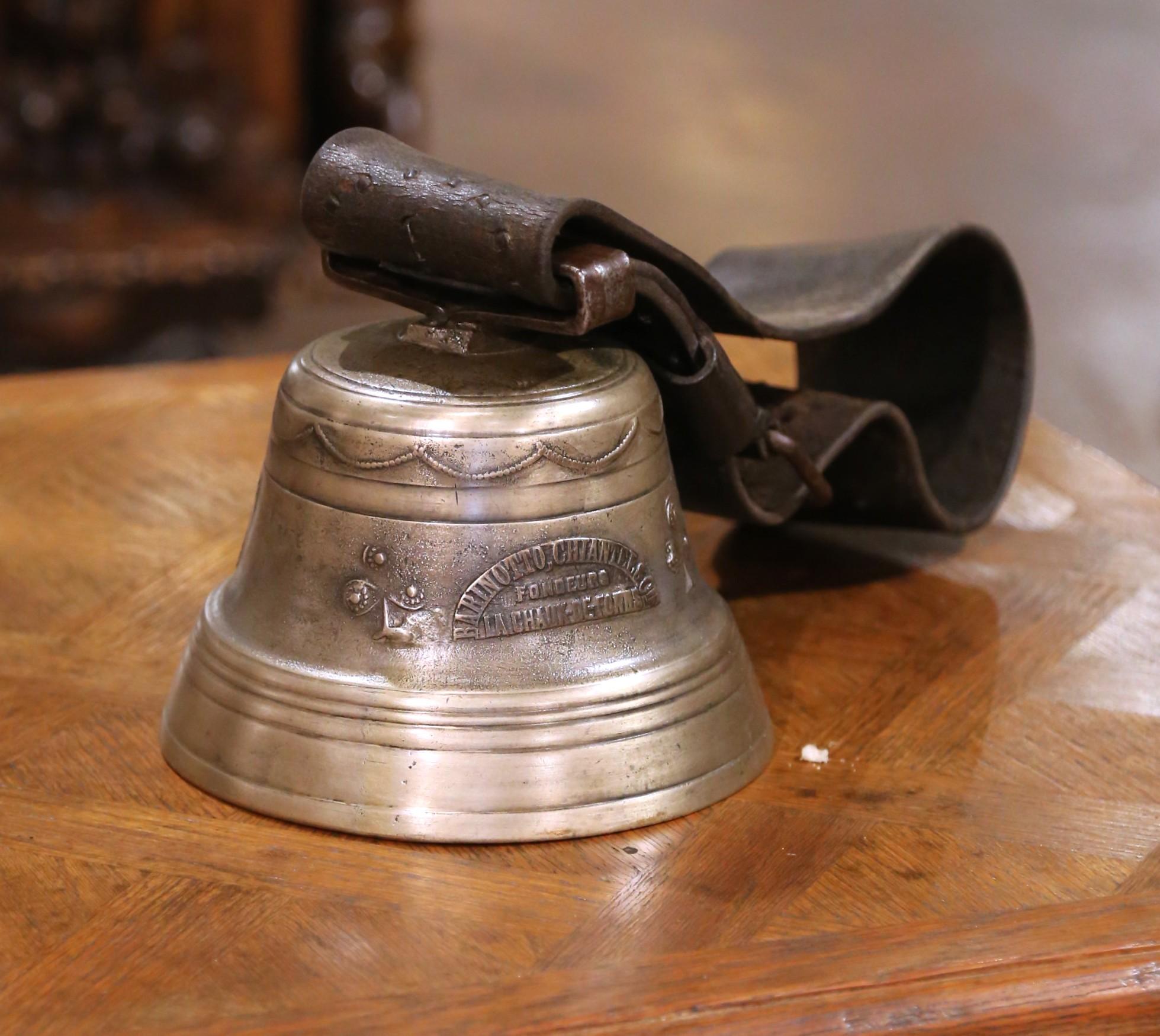 Country 19th C. Swiss Bronze Cow Bell with Leather Strap by Barinotto, Chiantra & Cie For Sale
