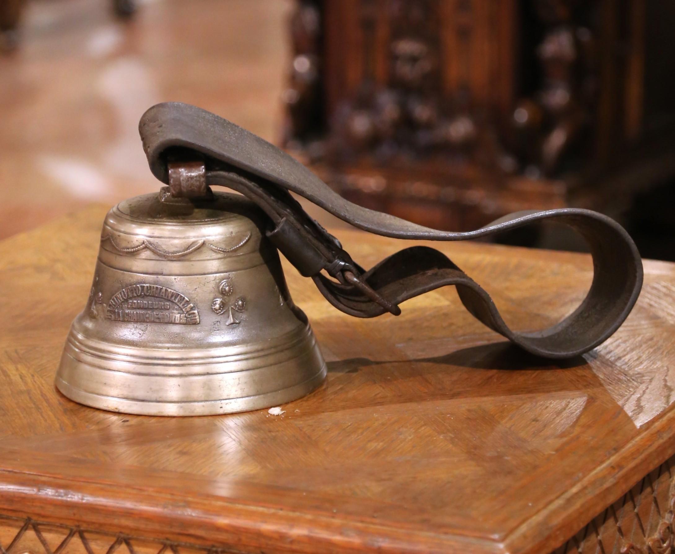 19th Century 19th C. Swiss Bronze Cow Bell with Leather Strap by Barinotto, Chiantra & Cie For Sale