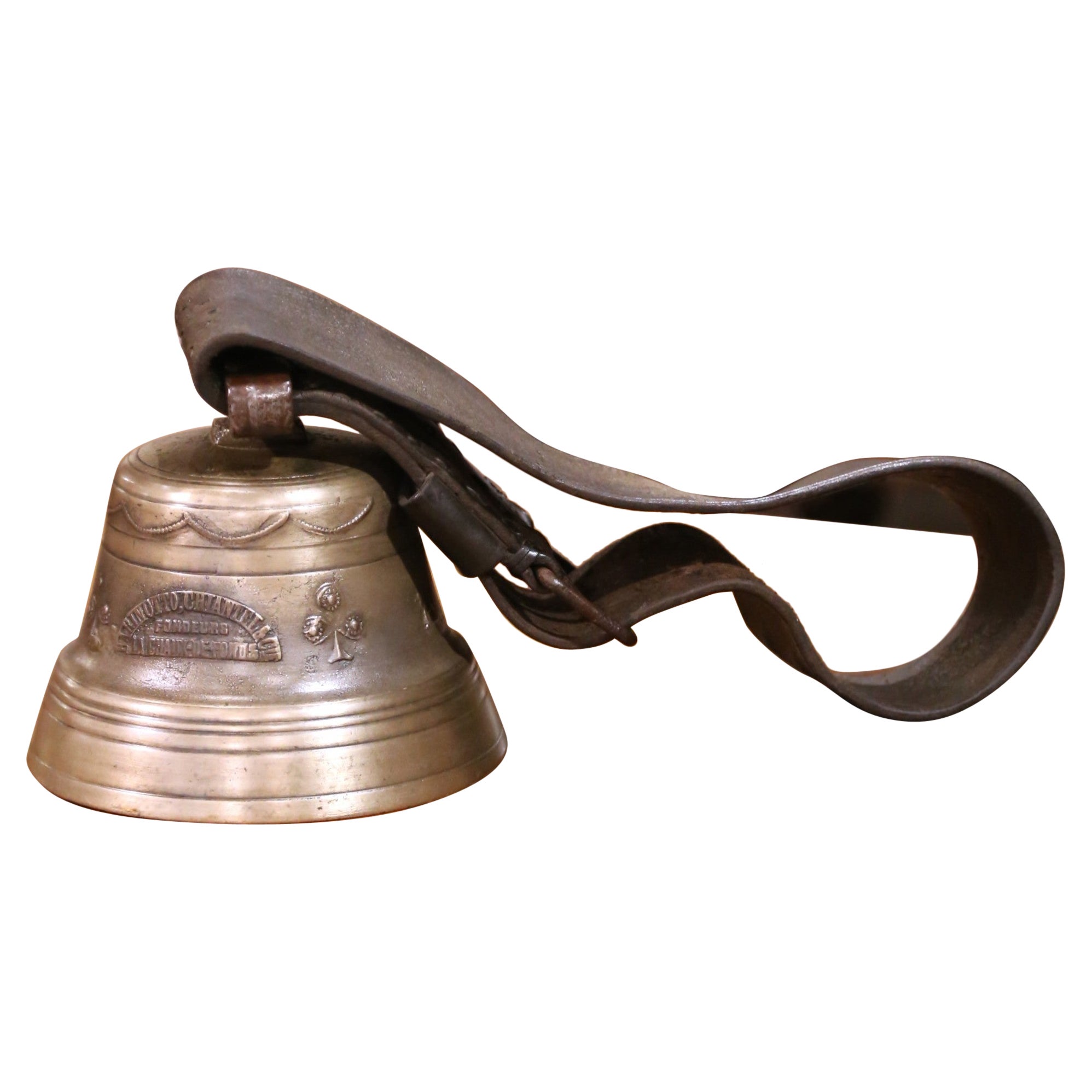 19th C. Swiss Bronze Cow Bell with Leather Strap by Barinotto, Chiantra & Cie For Sale